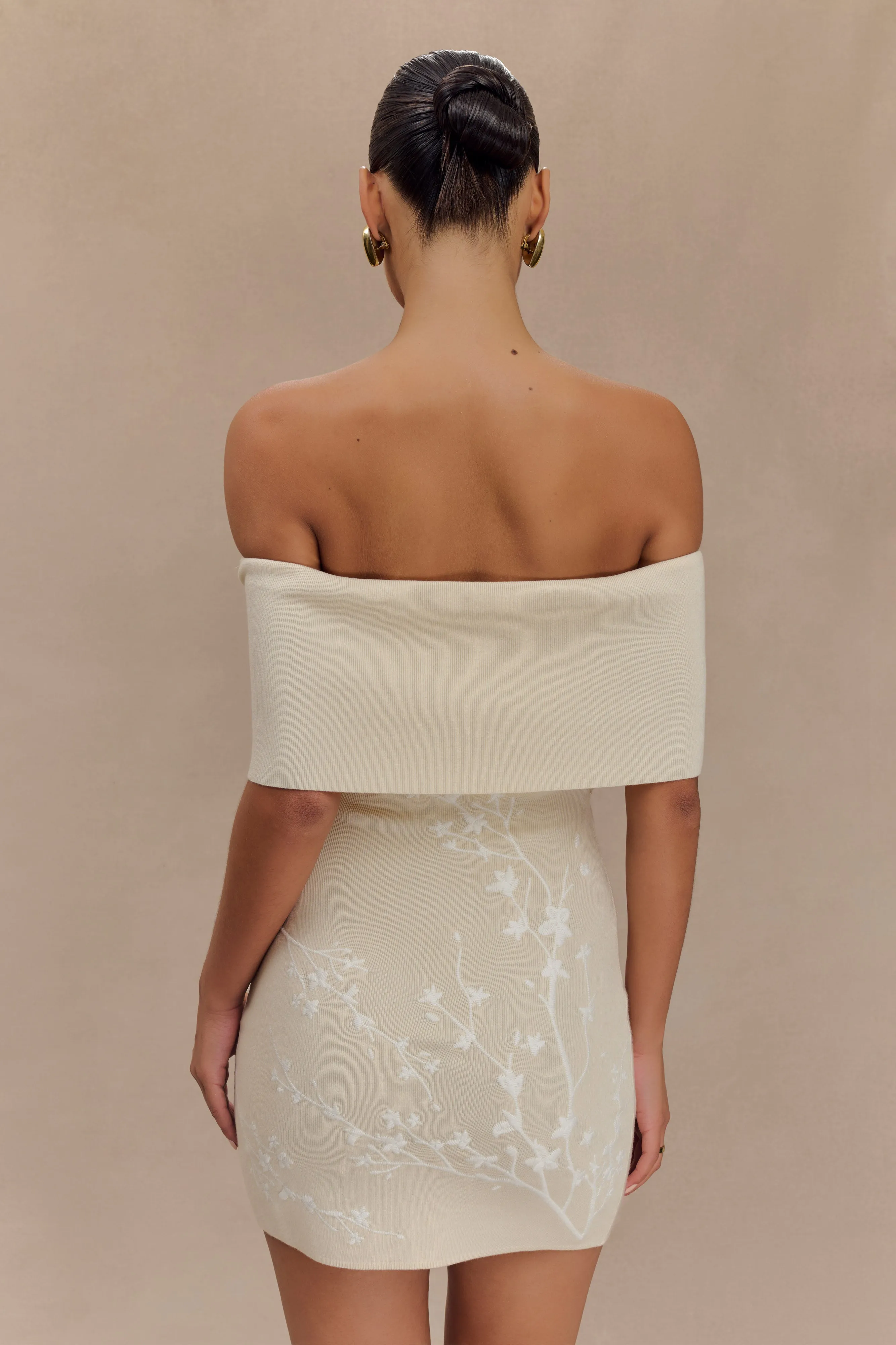 Mallory Off Shoulder Embroidered Knit Mini Dress - Cream And Ivory sold by Meshki product image thumbnail 5