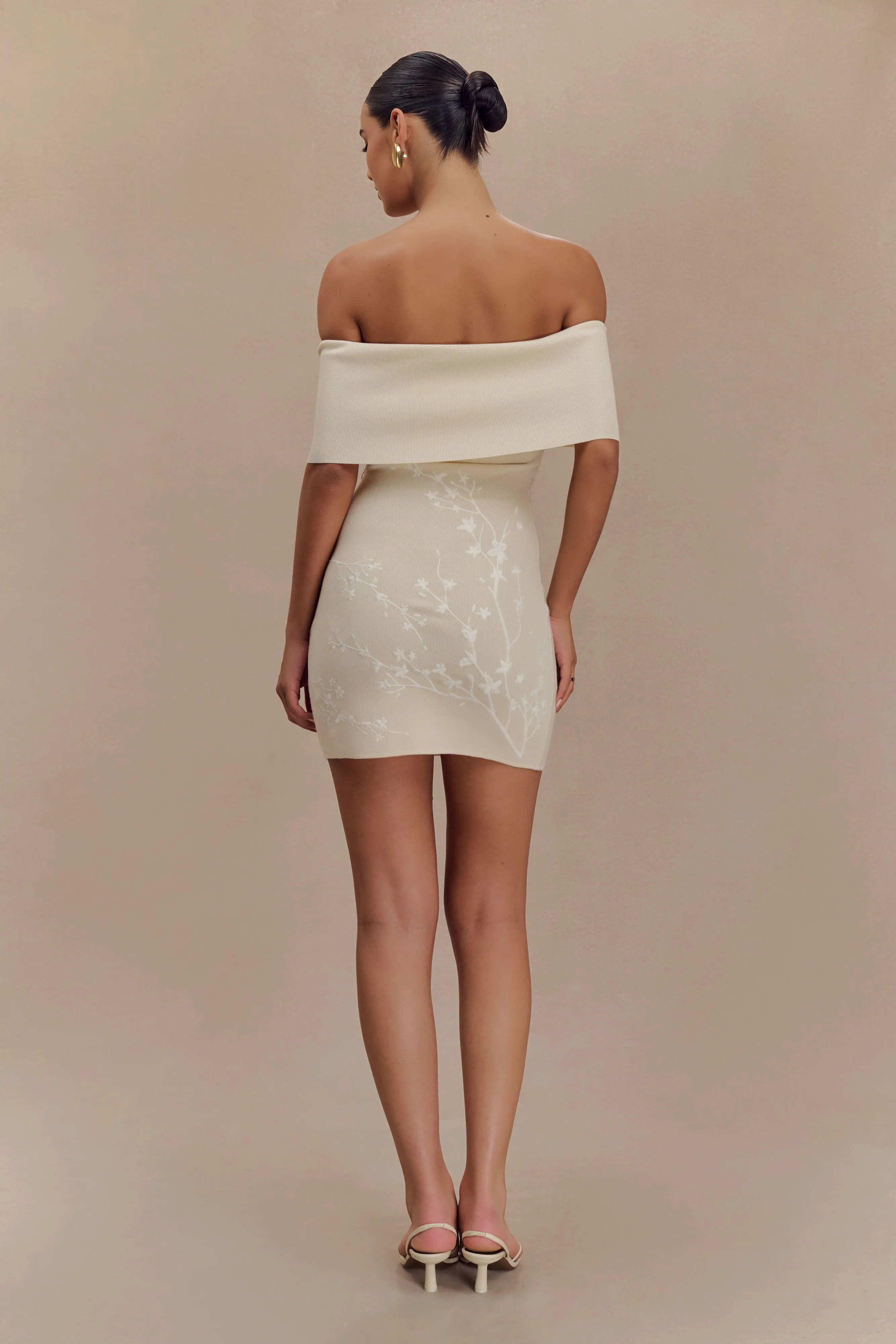 Mallory Off Shoulder Embroidered Knit Mini Dress - Cream And Ivory sold by Meshki product image thumbnail 2