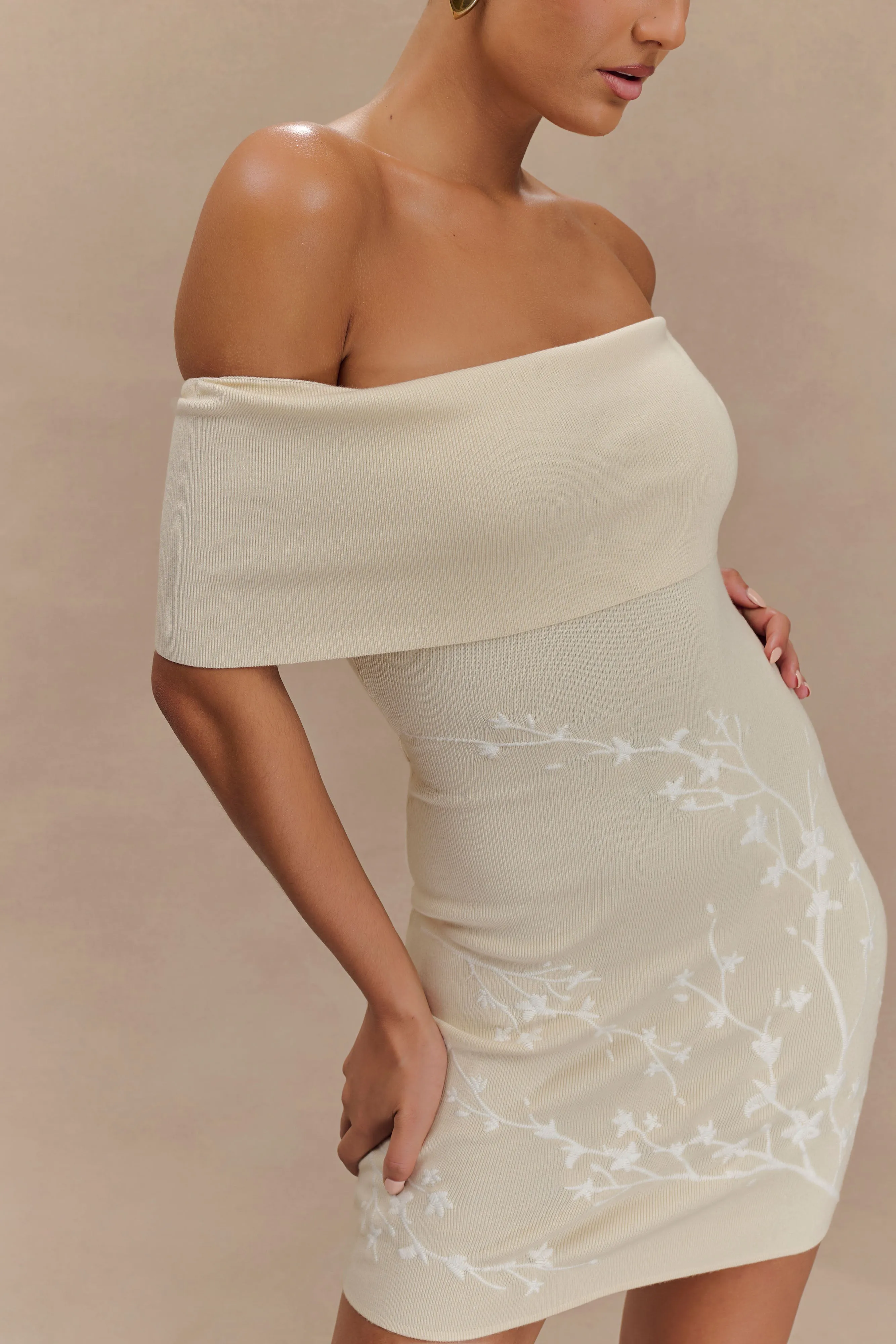 Mallory Off Shoulder Embroidered Knit Mini Dress - Cream And Ivory sold by Meshki product image thumbnail 3