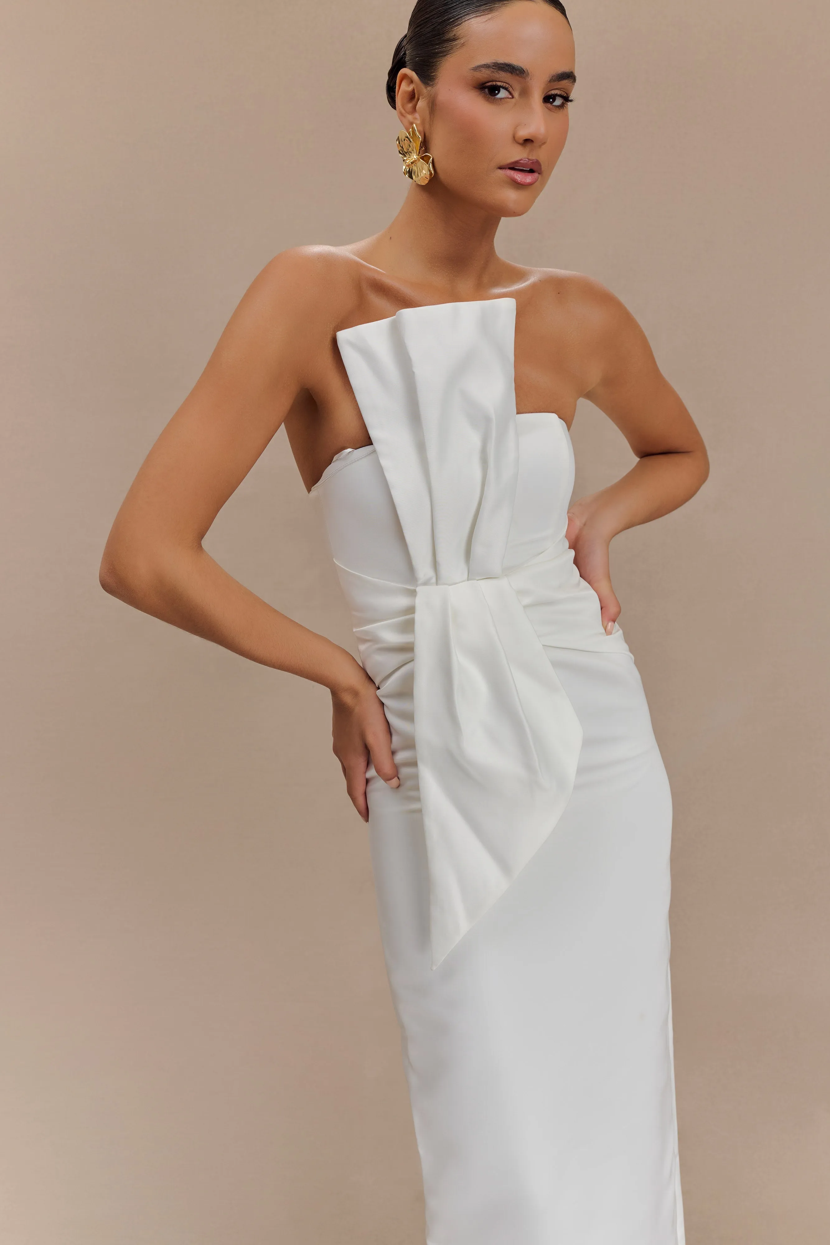 Cyrill Strapless Satin Structured Maxi Dress - White sold by Meshki product image thumbnail 3