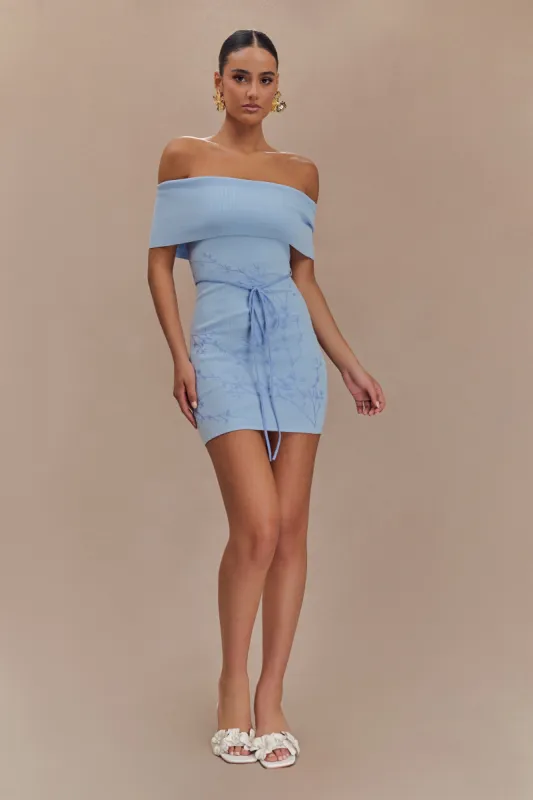 Mallory Off Shoulder Embroidered Knit Mini Dress - Ice Blue sold by Meshki