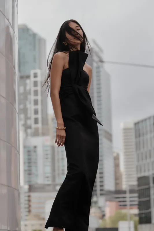 Cyrill Strapless Satin Structured Maxi Dress - Black sold by Meshki