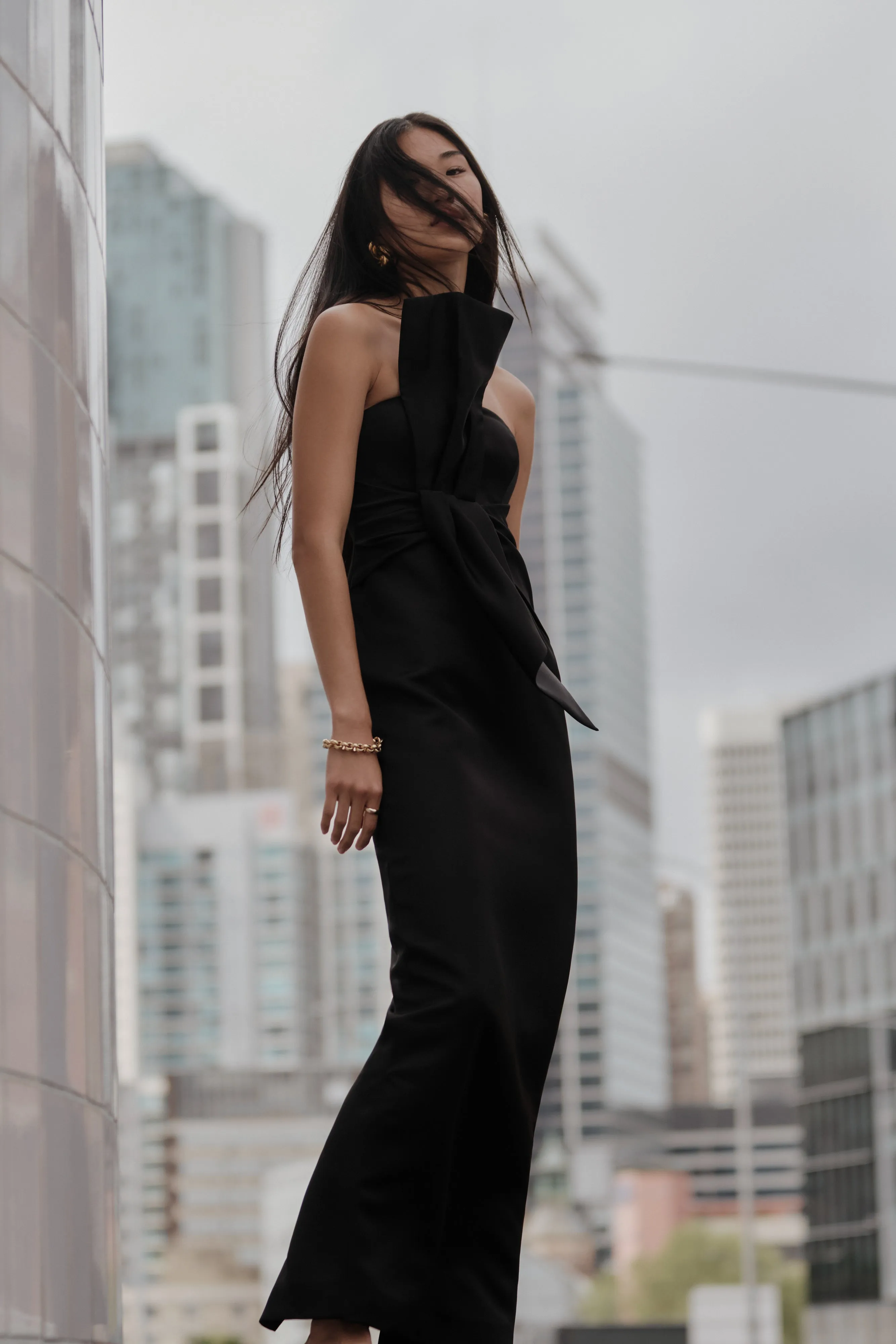 Cyrill Strapless Satin Structured Maxi Dress - Black sold by Meshki