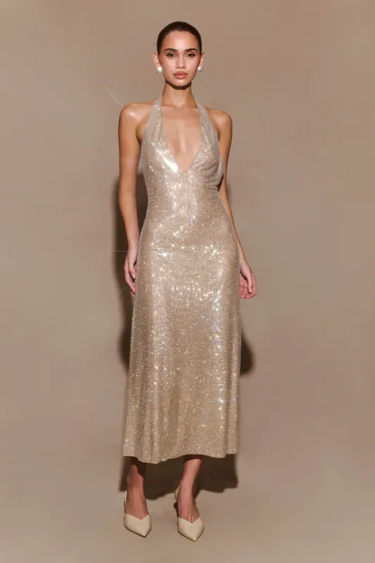 Genie Diamante Halter Midi Dress - Nude sold by Meshki