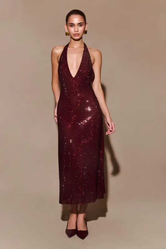 Genie Diamante Halter Midi Dress - Mahogany sold by Meshki