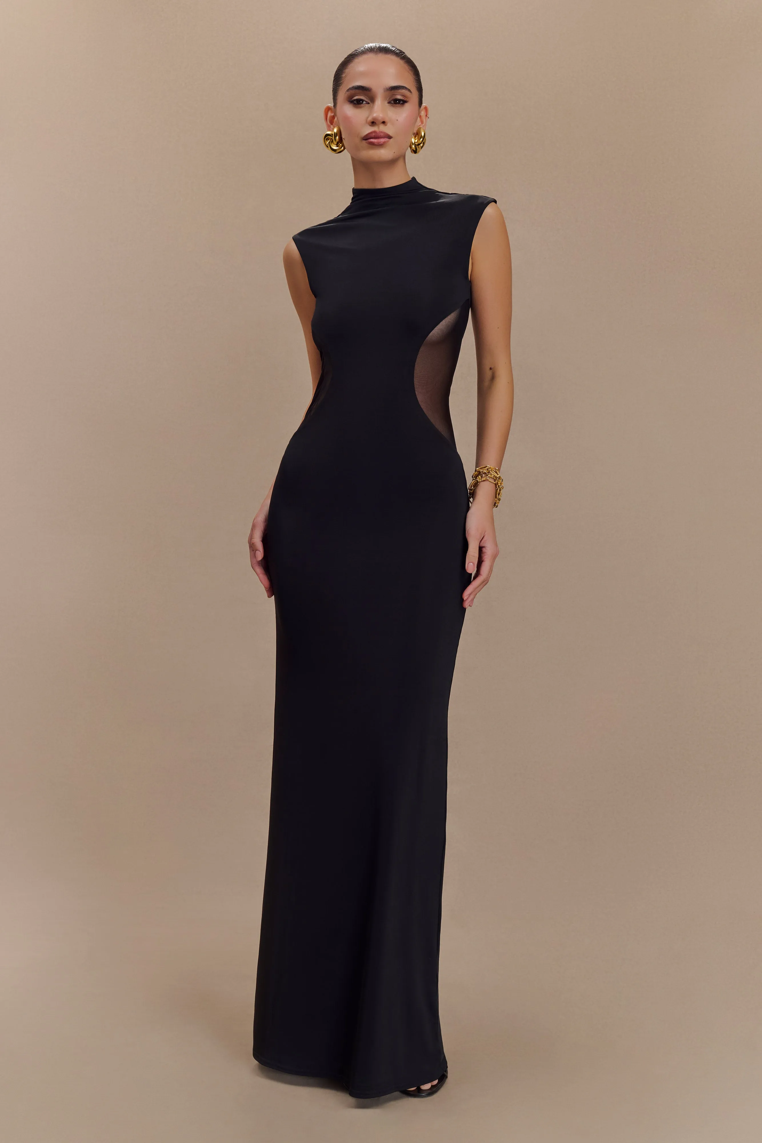 Massie Slinky And Mesh Maxi Dress - Black sold by Meshki