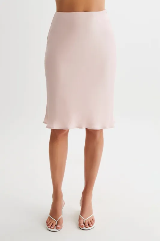 Allegra Satin Knee Length Skirt - Pale Pink sold by Meshki
