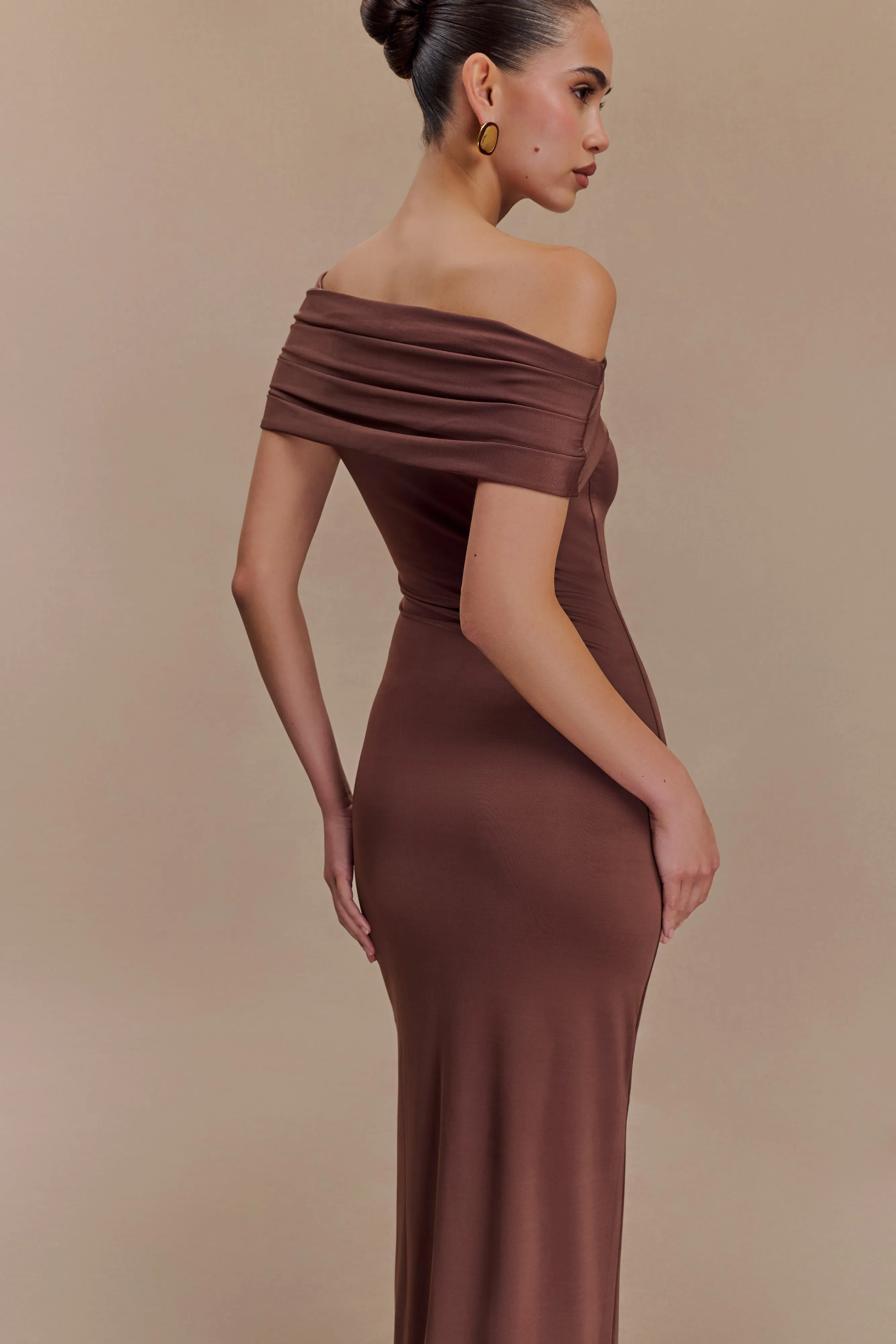 Cassandra Off Shoulder Slinky Maxi Dress - Chocolate sold by Meshki product image thumbnail 2