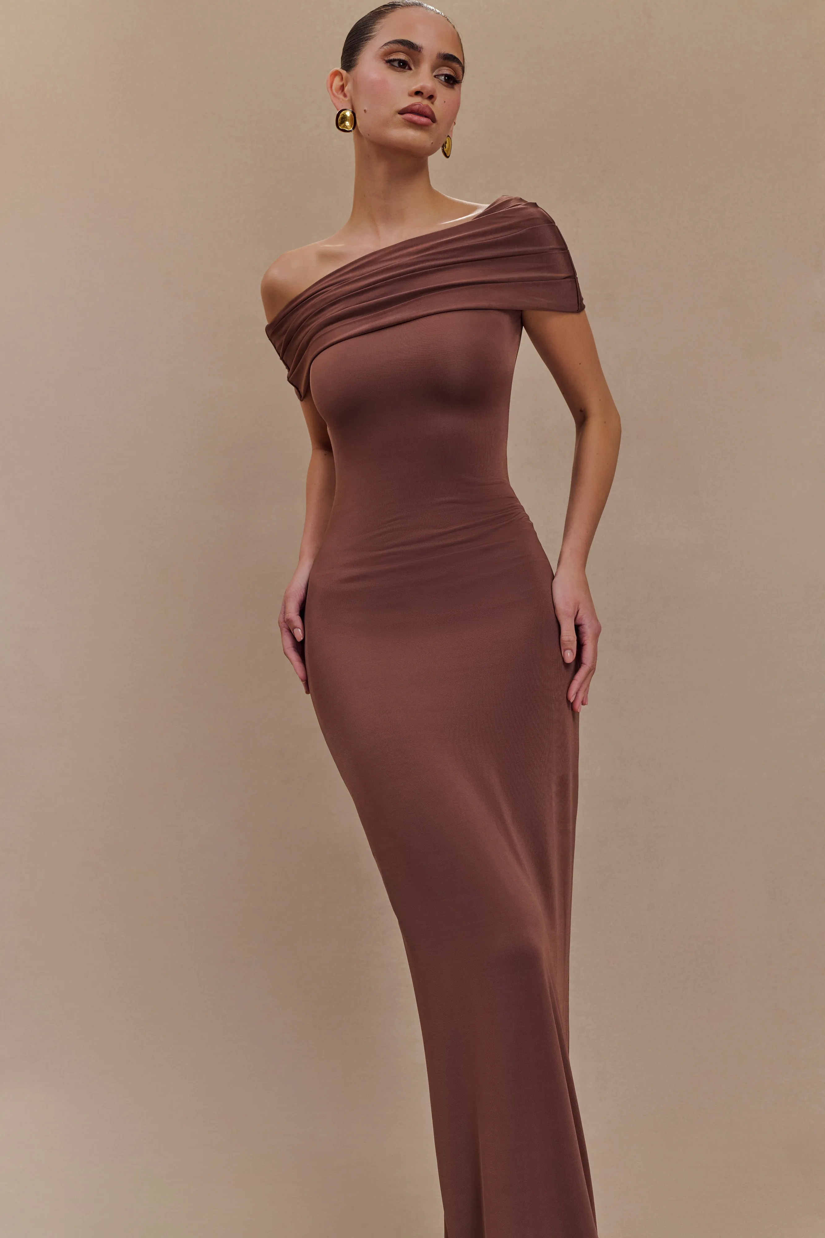 Cassandra Off Shoulder Slinky Maxi Dress - Chocolate sold by Meshki product image thumbnail 3
