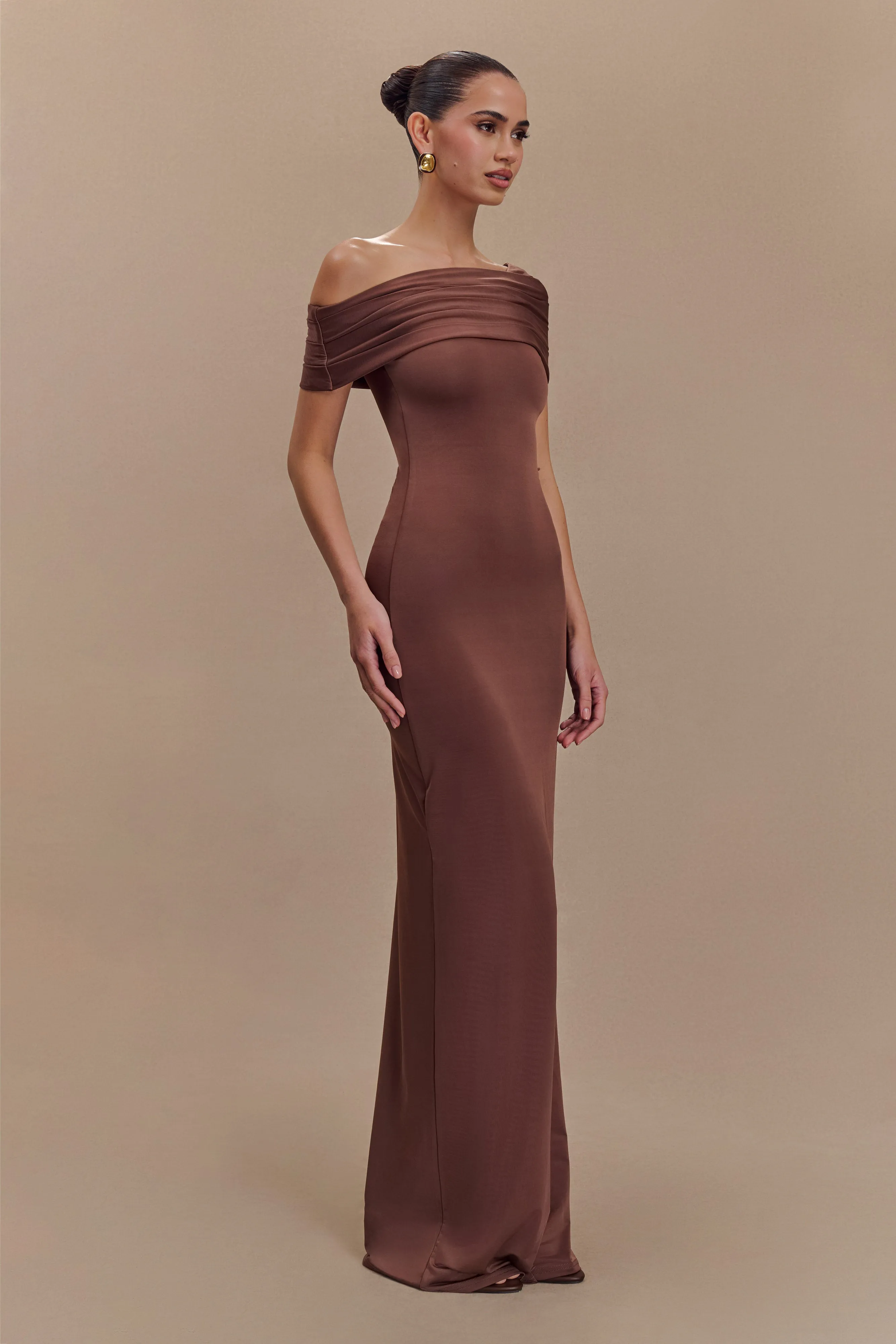 Cassandra Off Shoulder Slinky Maxi Dress - Chocolate sold by Meshki product image thumbnail 4