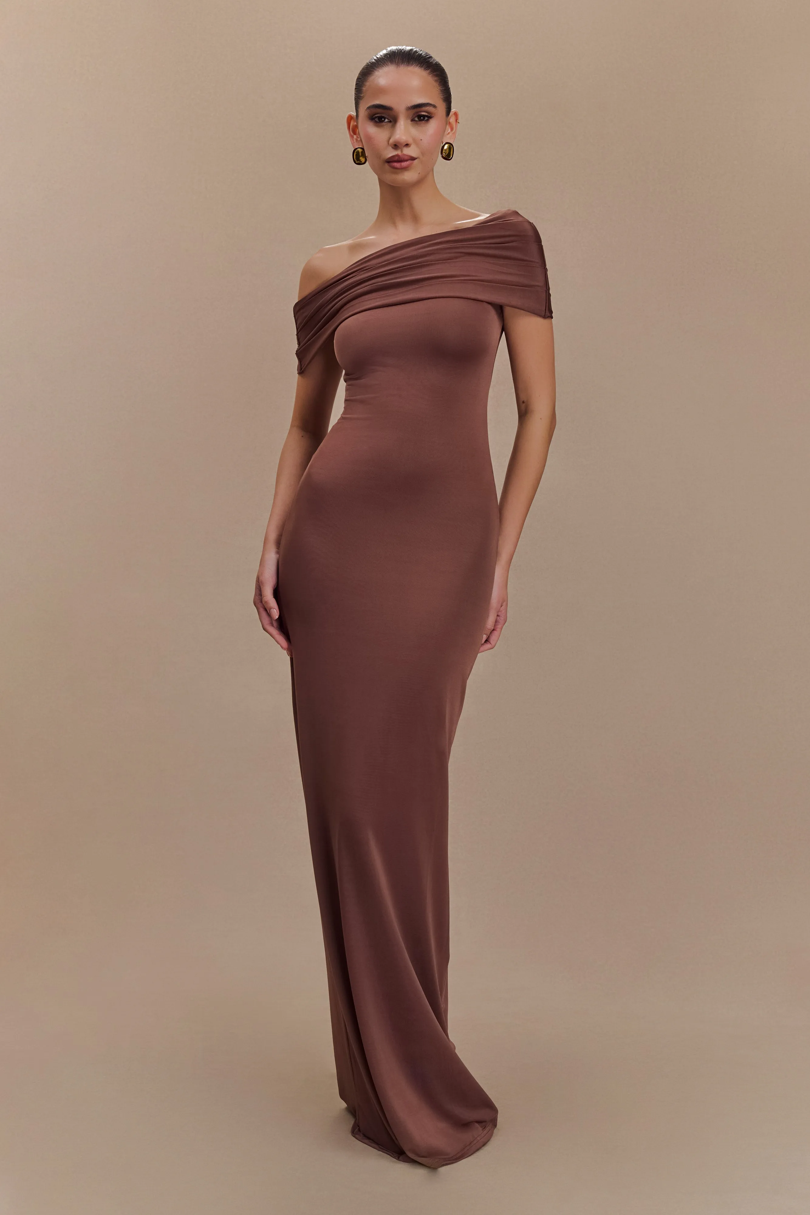 Cassandra Off Shoulder Slinky Maxi Dress - Chocolate sold by Meshki