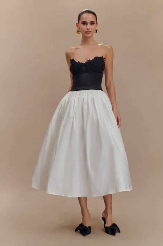 Elyssa Embroidered Contrast Midi Dress - White/Black sold by Meshki