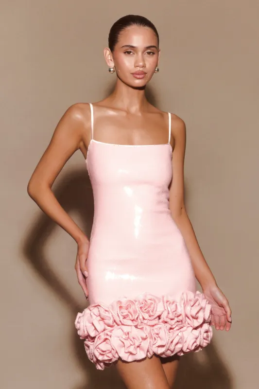 Faye Sequin Flower Mini Dress - Pale Pink sold by Meshki
