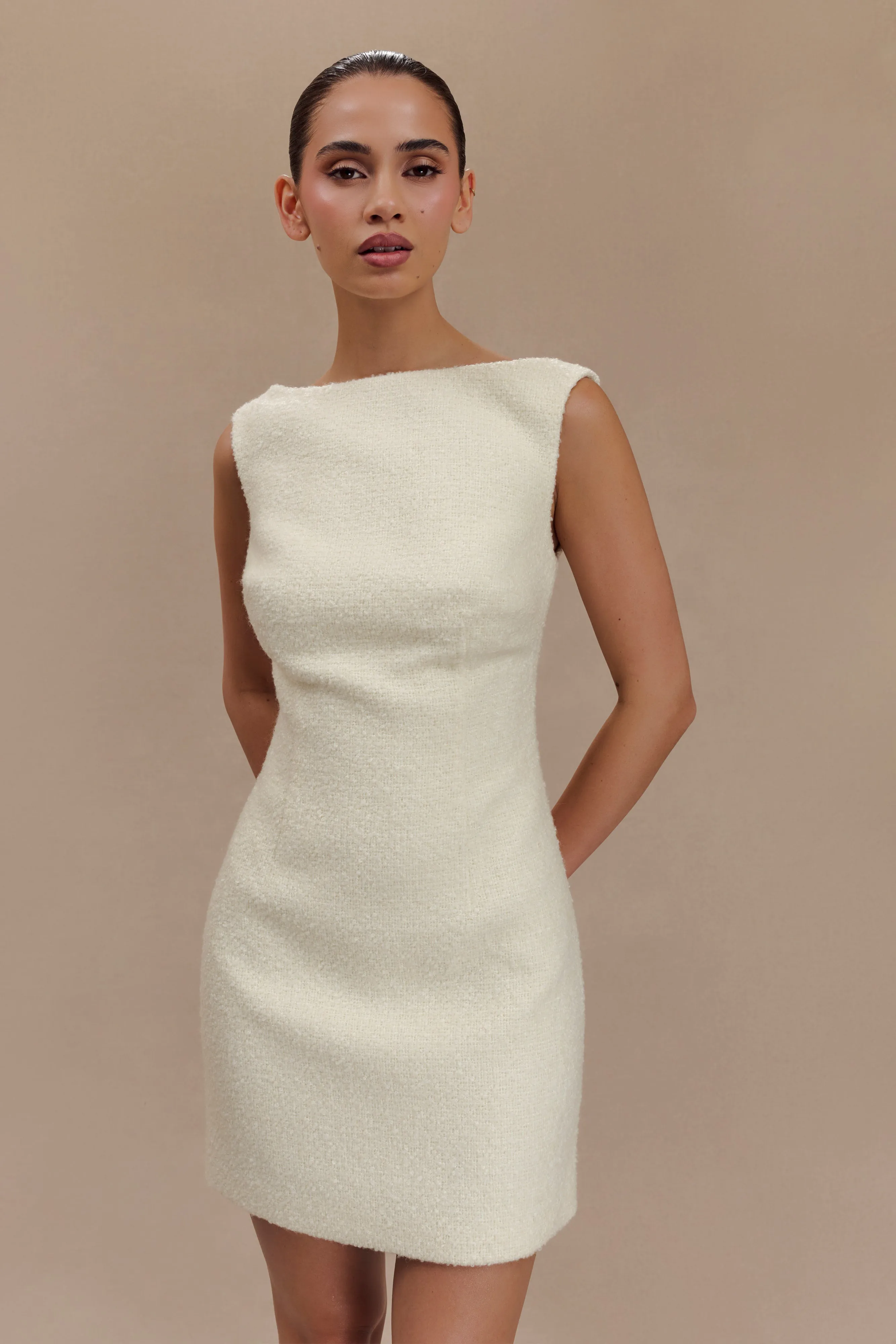 Angela Textured Boucle Mini Dress - Ivory sold by Meshki