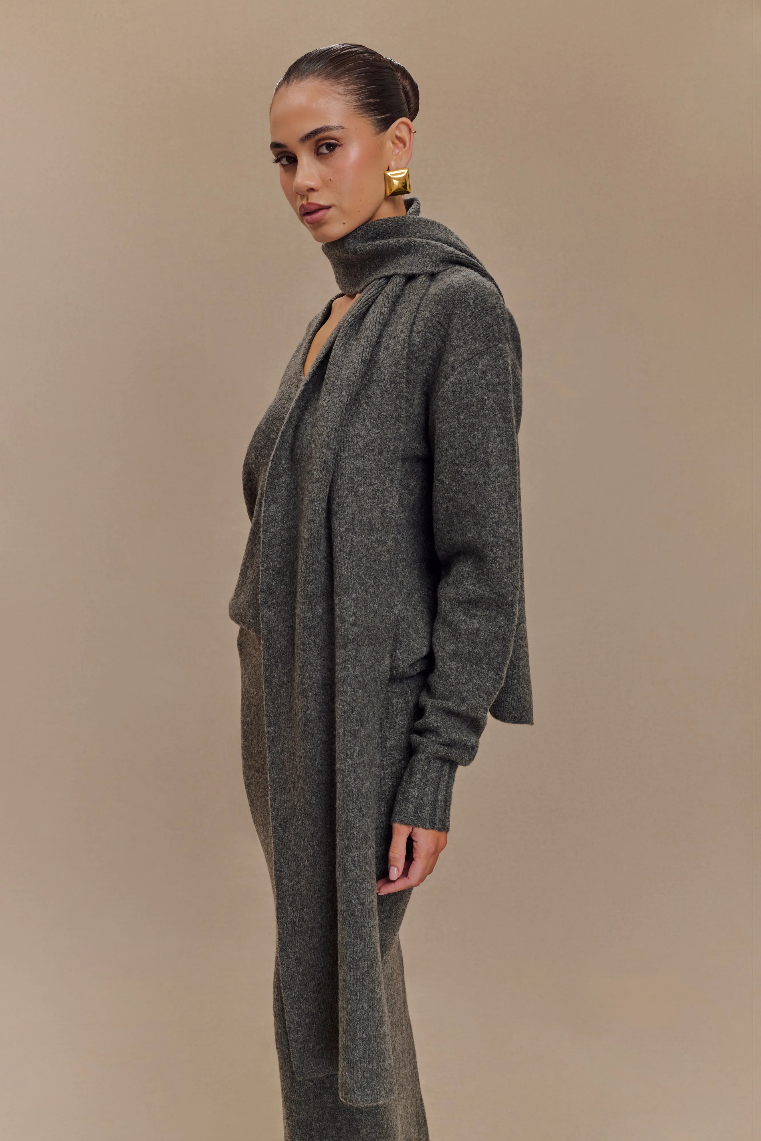 Ella V Neck Knit Jumper With Scarf - Charcoal Marle sold by Meshki product image thumbnail 3