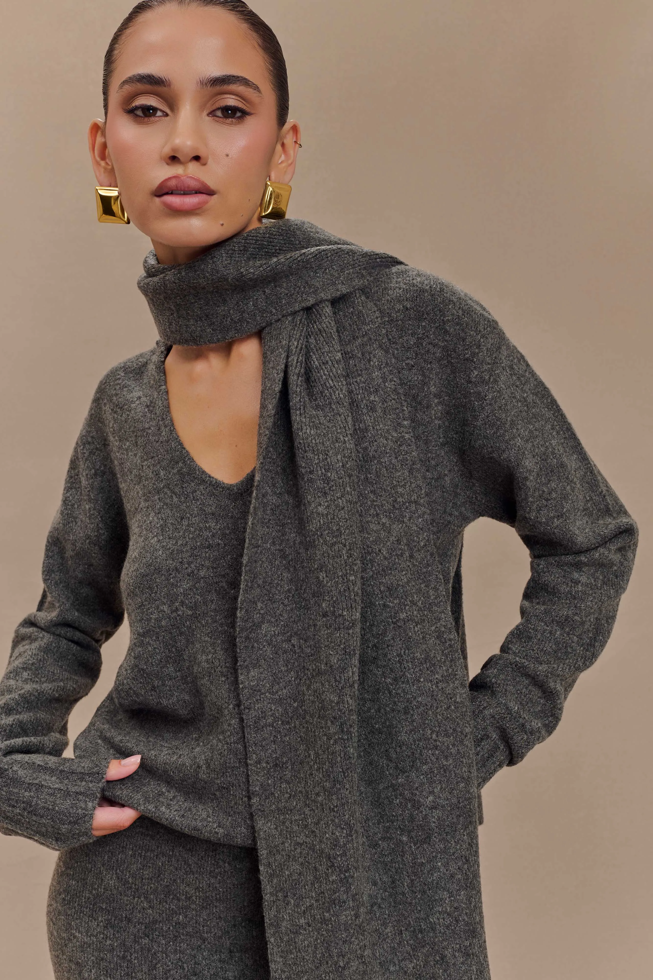 Ella V Neck Knit Jumper With Scarf - Charcoal Marle sold by Meshki product image thumbnail 4