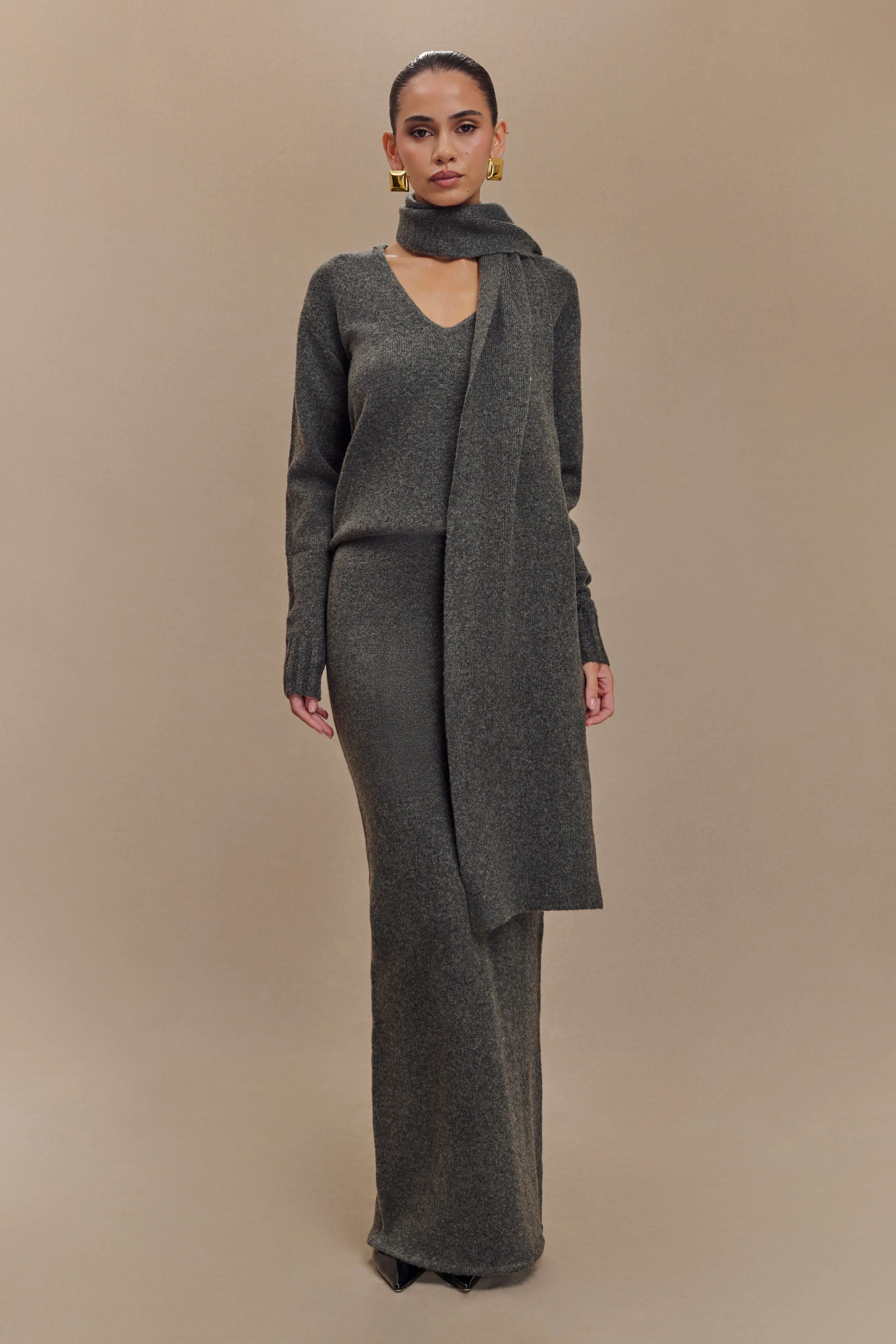 Ella V Neck Knit Jumper With Scarf - Charcoal Marle sold by Meshki product image thumbnail 5