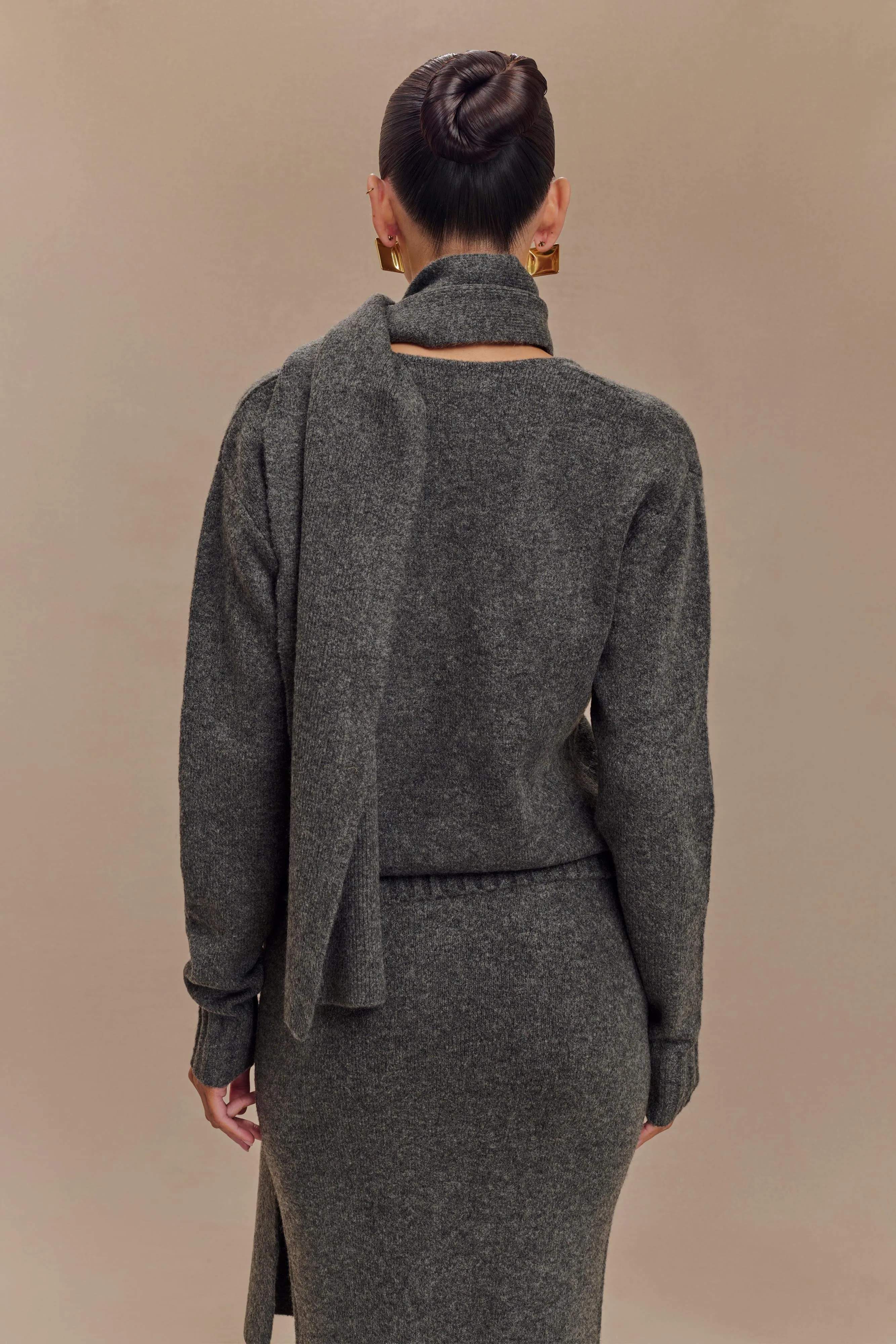 Ella V Neck Knit Jumper With Scarf - Charcoal Marle sold by Meshki product image thumbnail 2