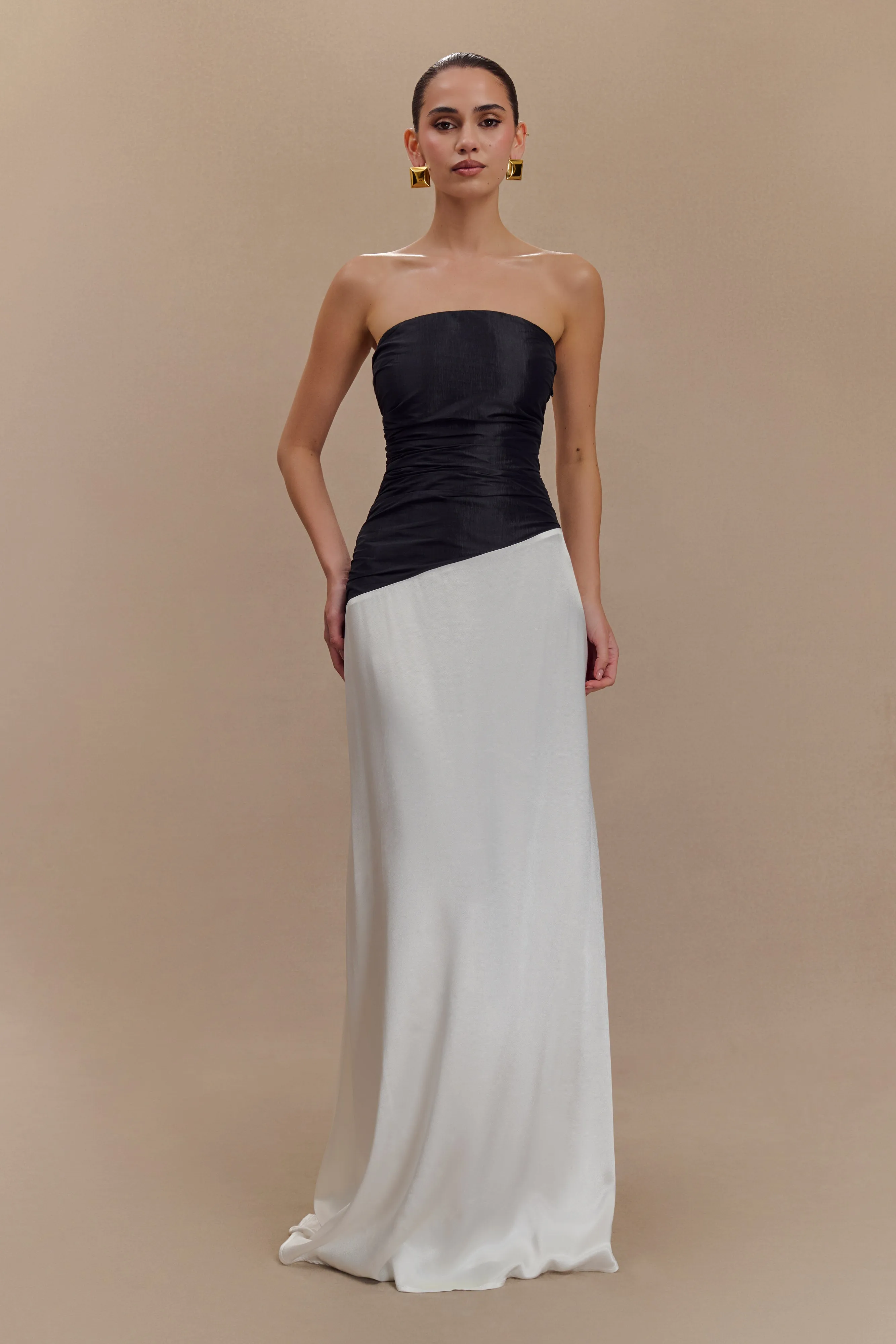 Serena Strapless Taffeta Maxi Dress - White/Black sold by Meshki