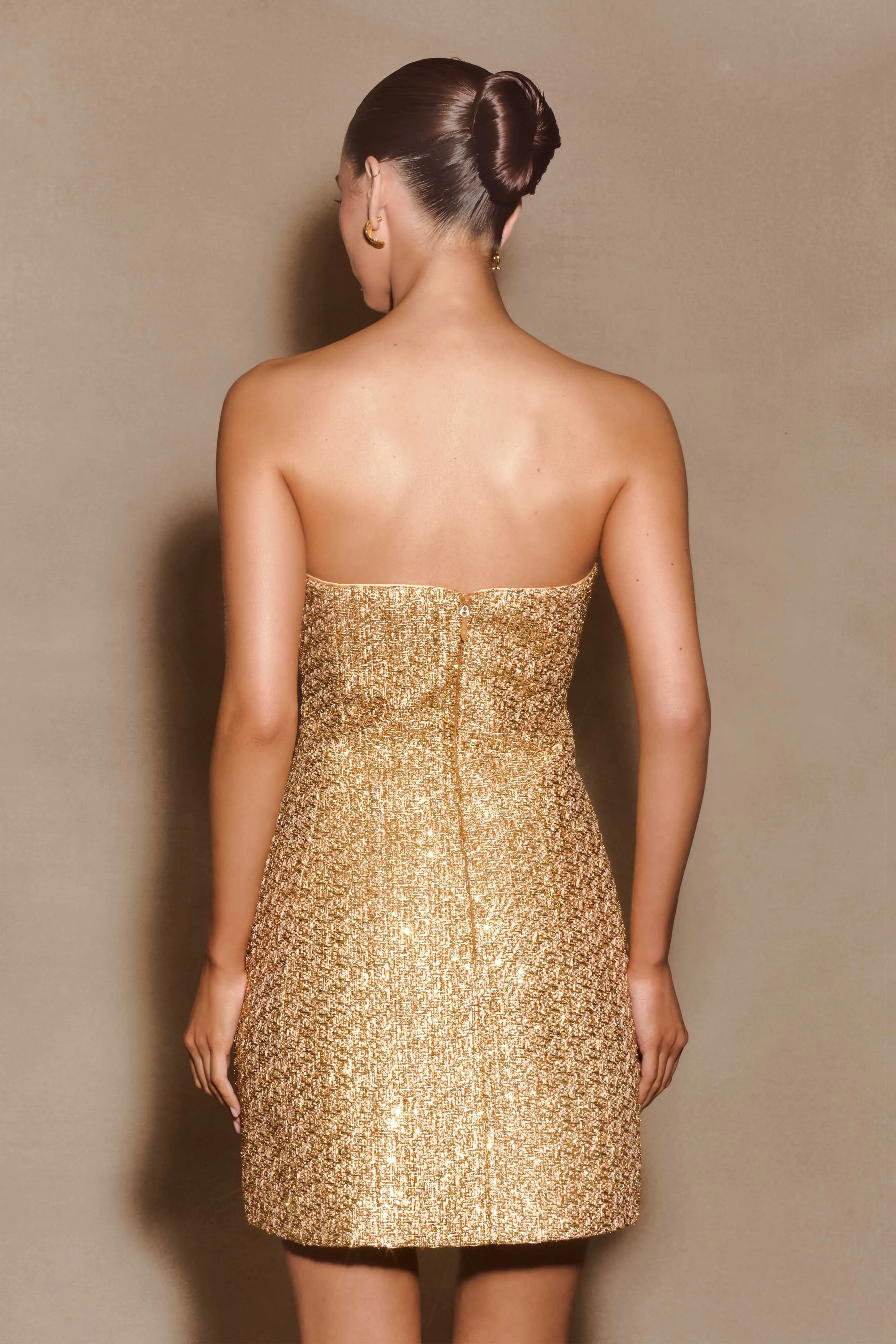 Gala Strapless Tweed Mini Dress - Gold sold by Meshki product image thumbnail 2