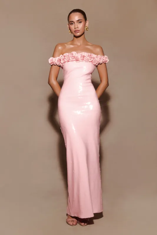 Carrie Sequin Rose Maxi Dress - Pale Pink sold by Meshki
