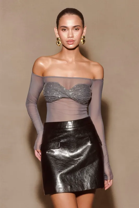 Garcelle Diamante Off Shoulder Top - Gunmetal sold by Meshki