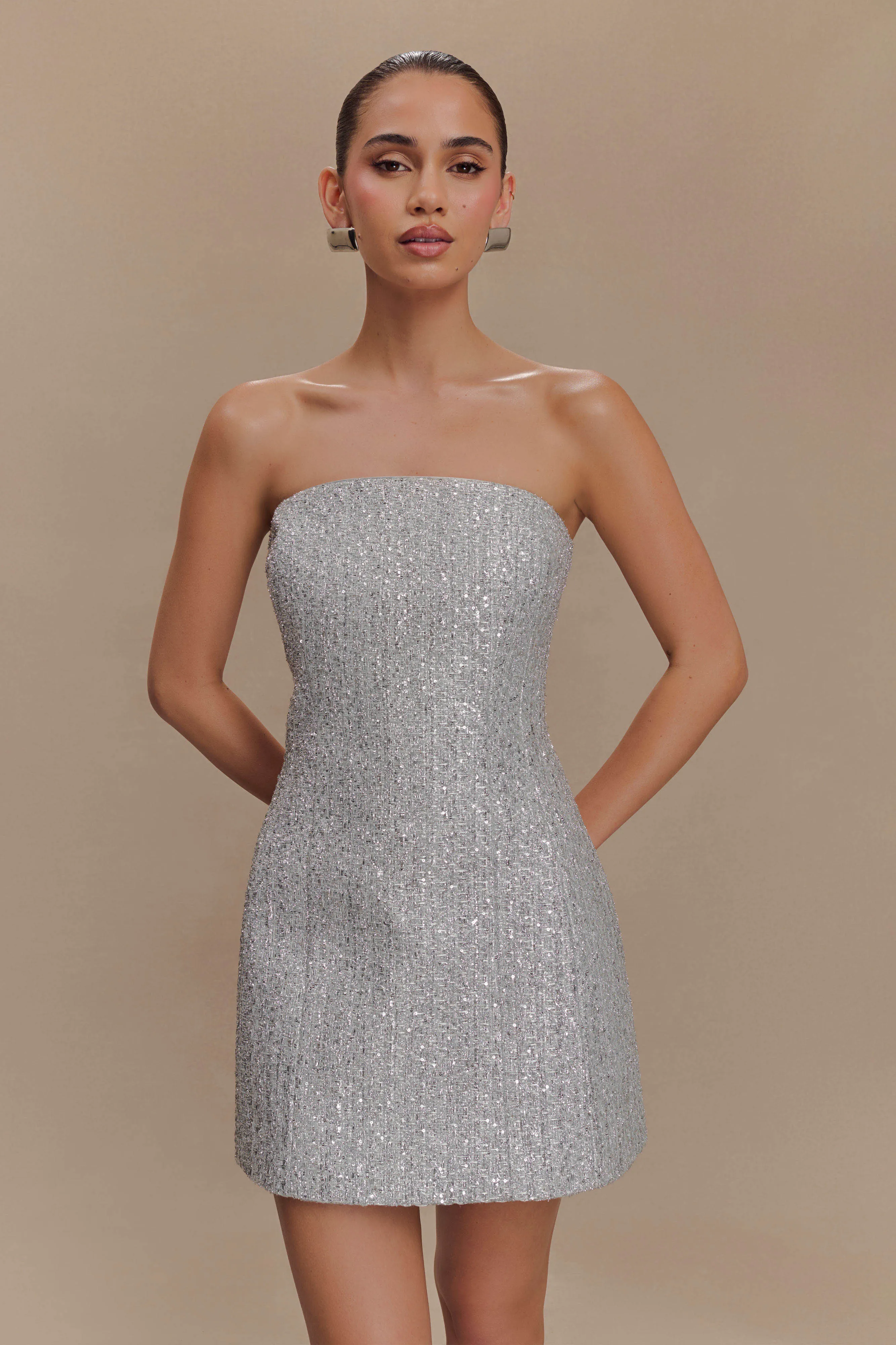 Gala Strapless Tweed Mini Dress - Silver sold by Meshki