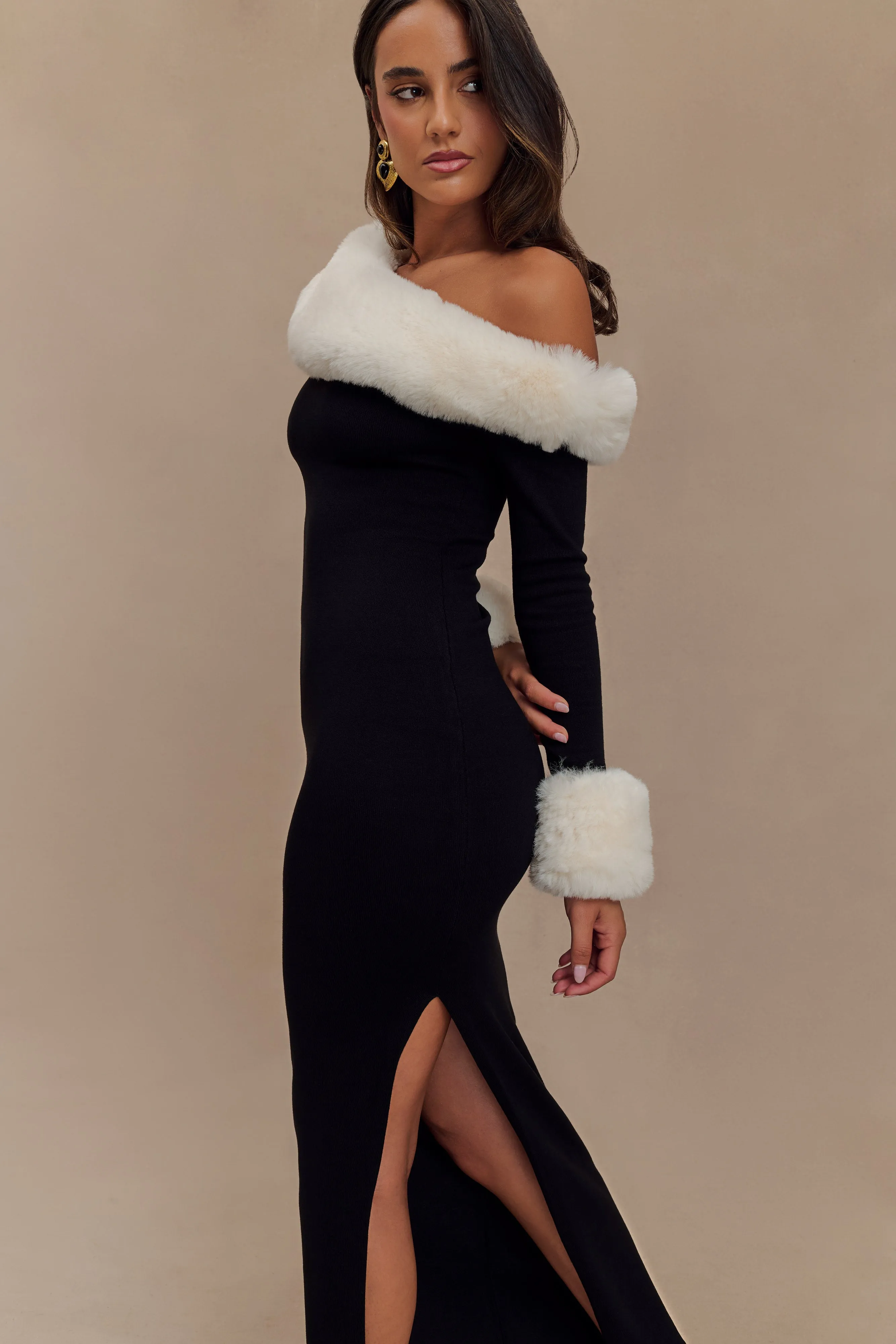 Karleigh Faux Fur Knit Maxi Dress - Black/White sold by Meshki product image thumbnail 4