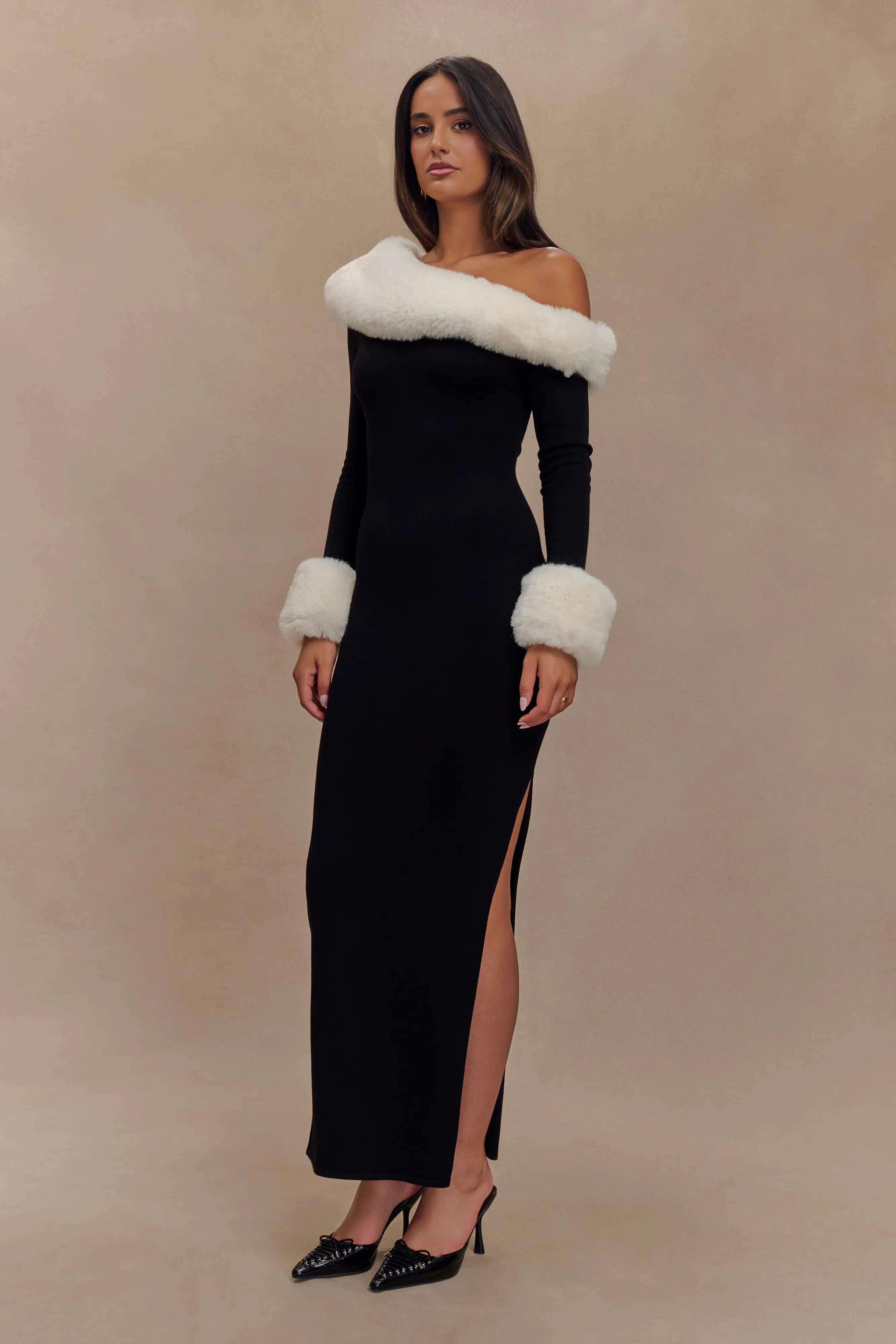 Karleigh Faux Fur Knit Maxi Dress - Black/White sold by Meshki product image thumbnail 5