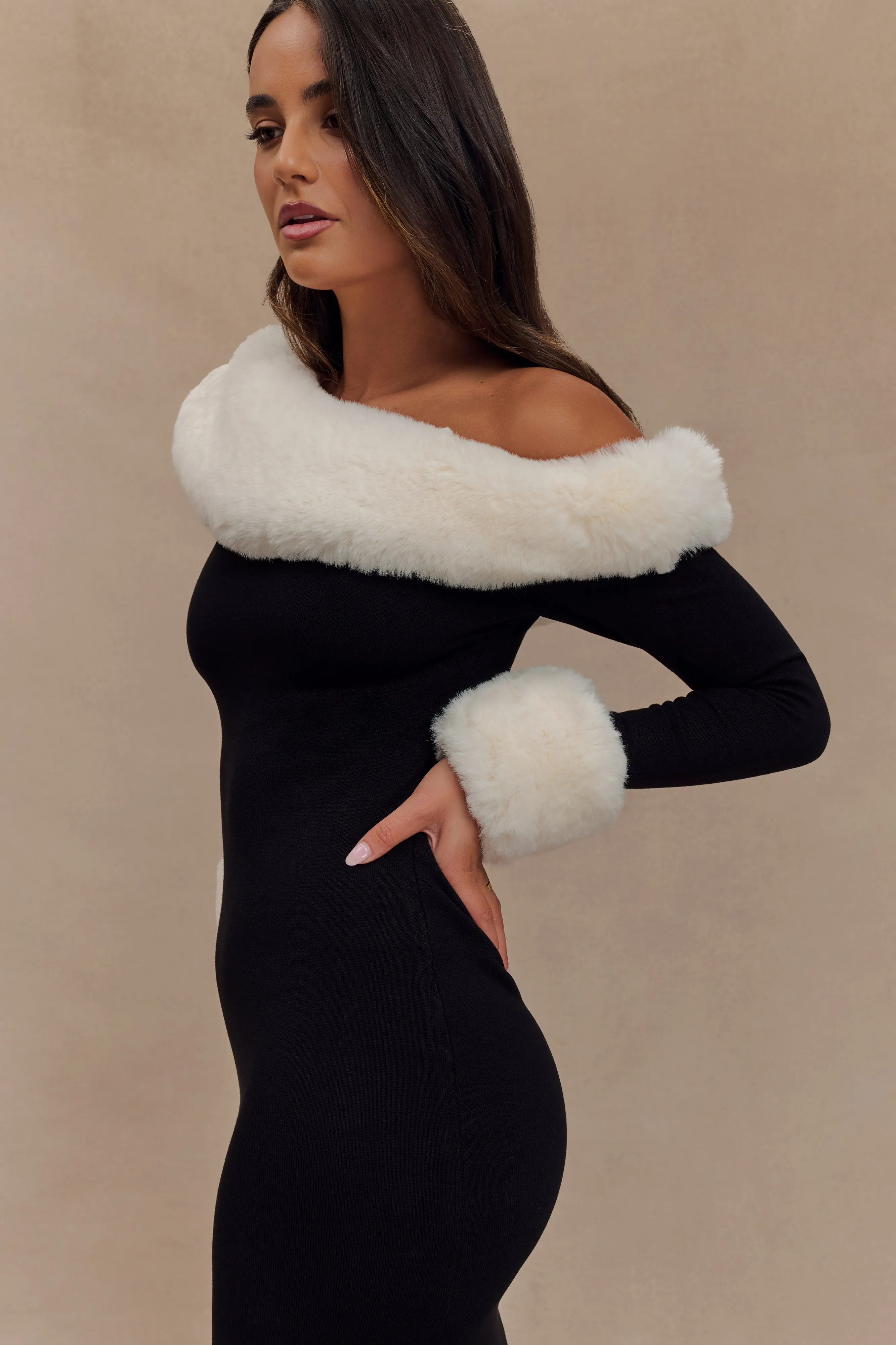 Karleigh Faux Fur Knit Maxi Dress - Black/White sold by Meshki product image thumbnail 3