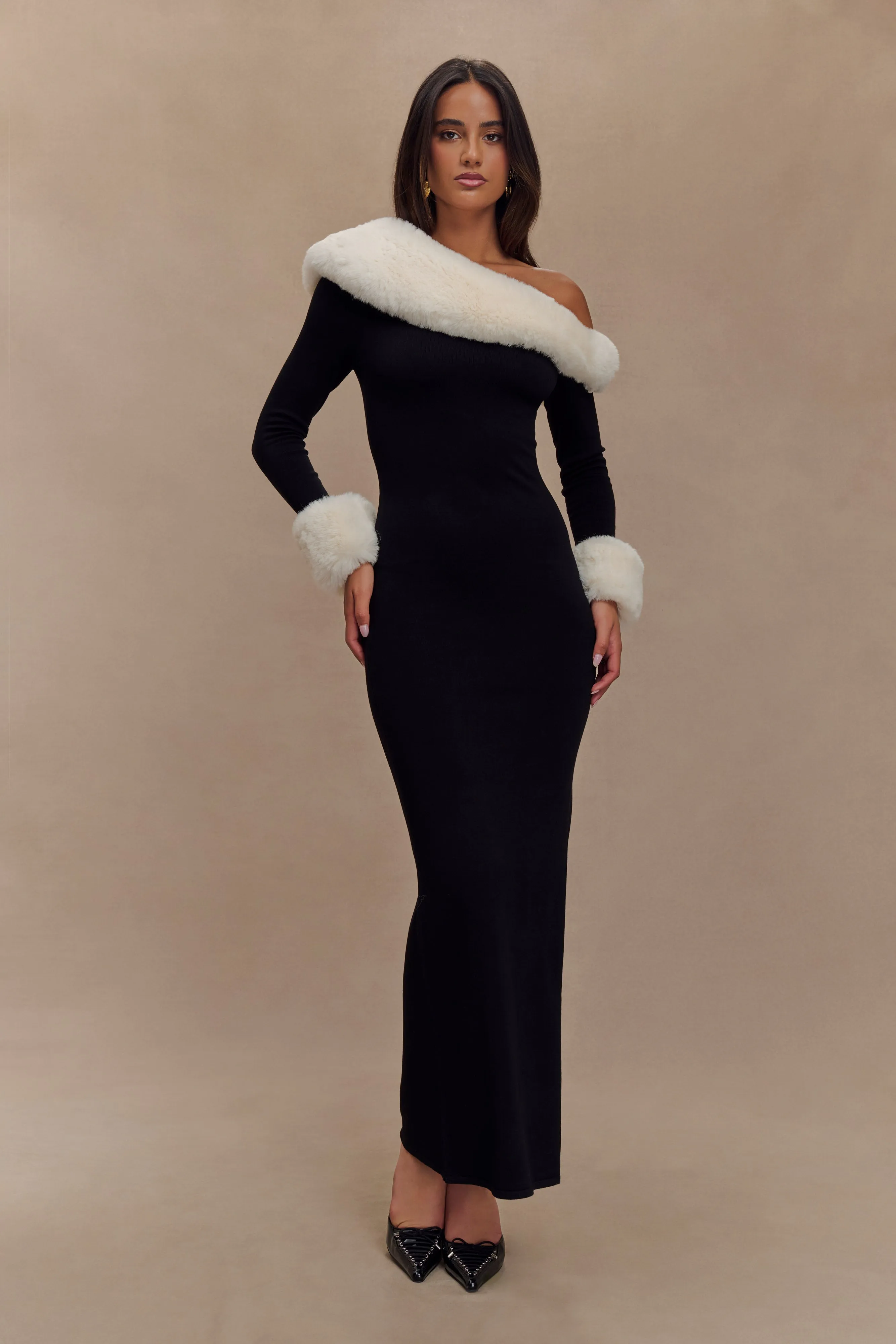 Karleigh Faux Fur Knit Maxi Dress - Black/White sold by Meshki