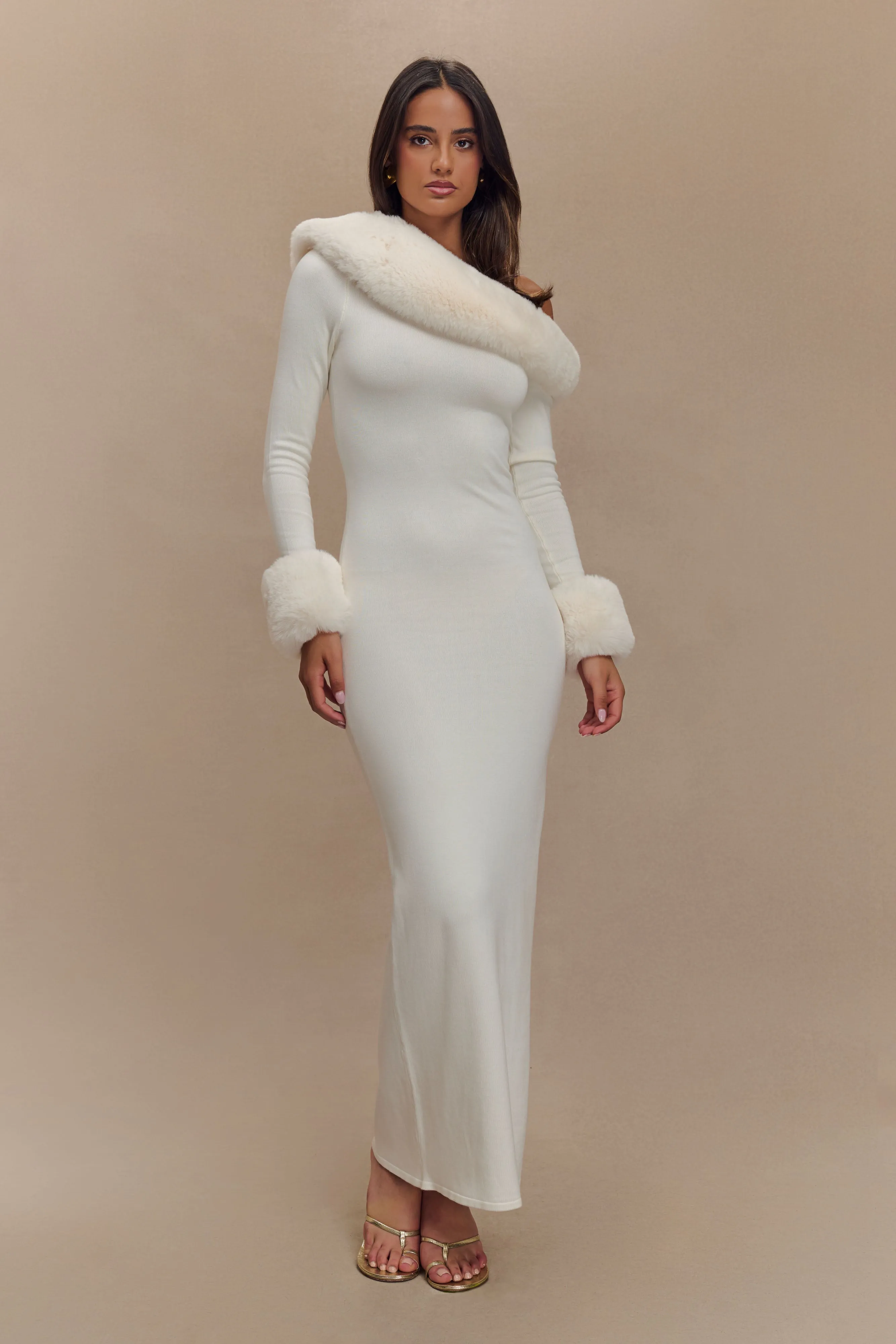 Karleigh Faux Fur Knit Maxi Dress - Ivory sold by Meshki