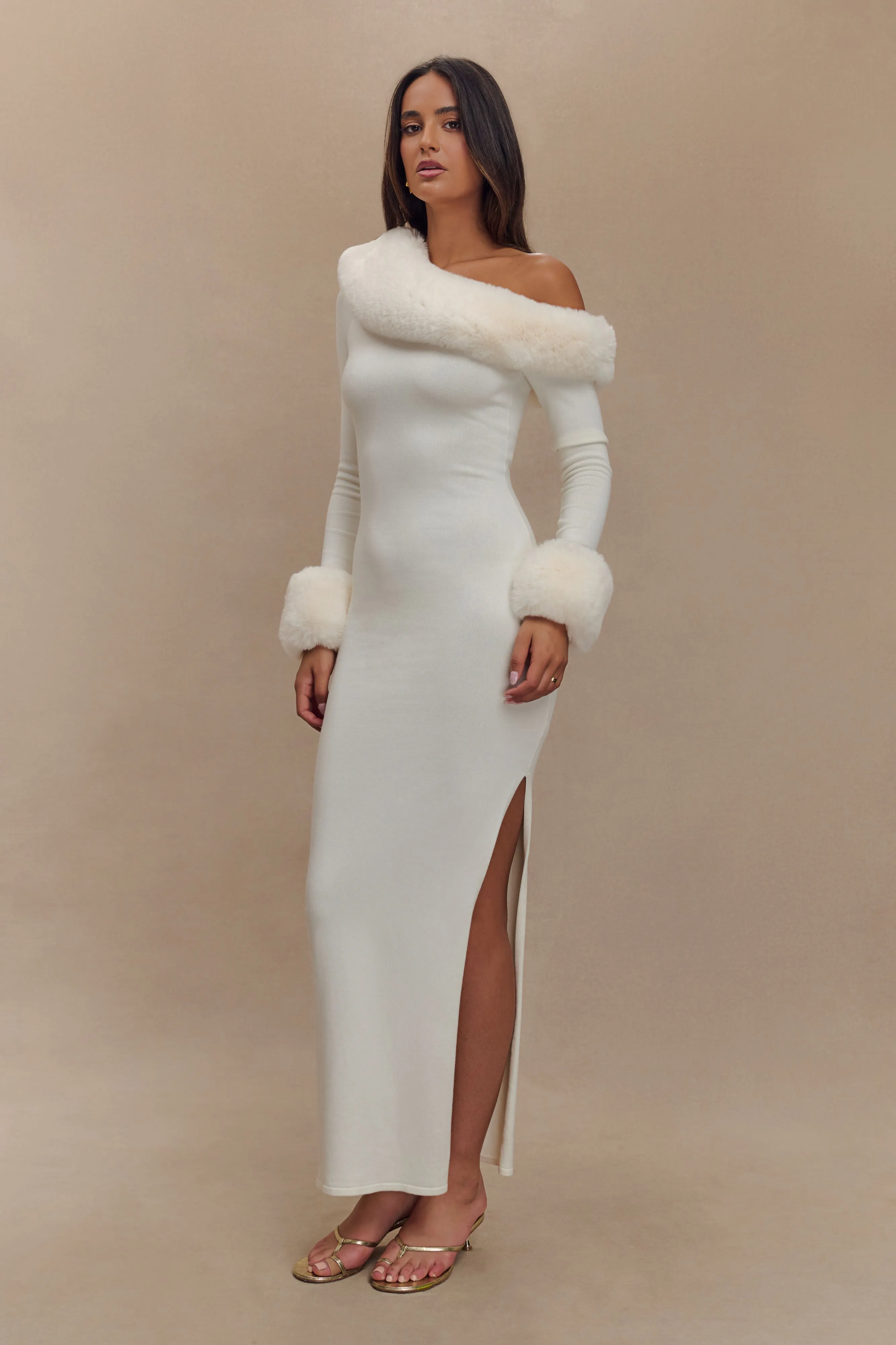 Karleigh Faux Fur Knit Maxi Dress - Ivory sold by Meshki product image thumbnail 4