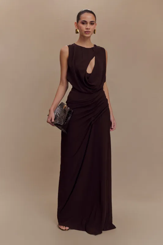 Oria Chiffon Maxi Dress - Cacao Brown sold by Meshki