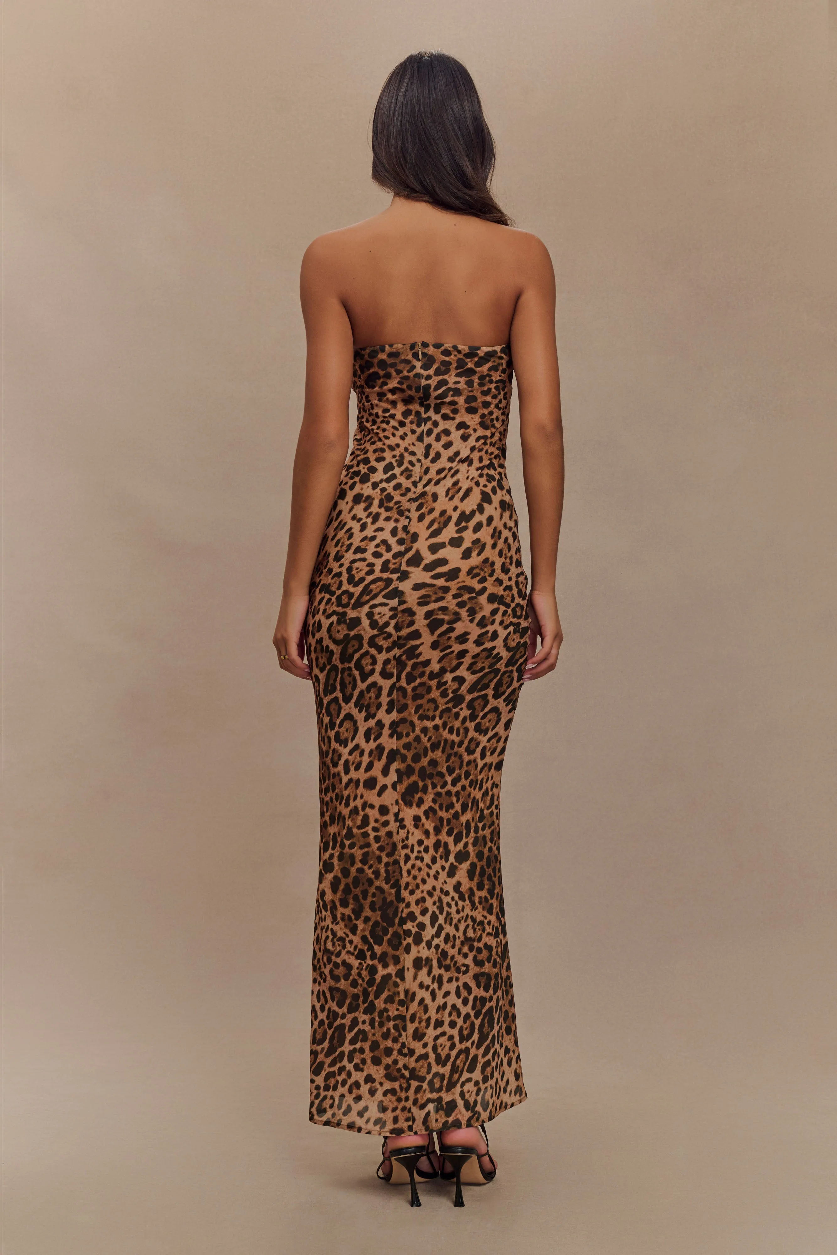 Breanna Strapless Chiffon Maxi Dress - Leopard Print sold by Meshki product image thumbnail 2
