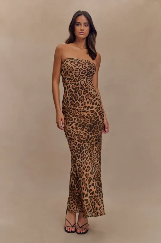 Breanna Strapless Chiffon Maxi Dress - Leopard Print sold by Meshki