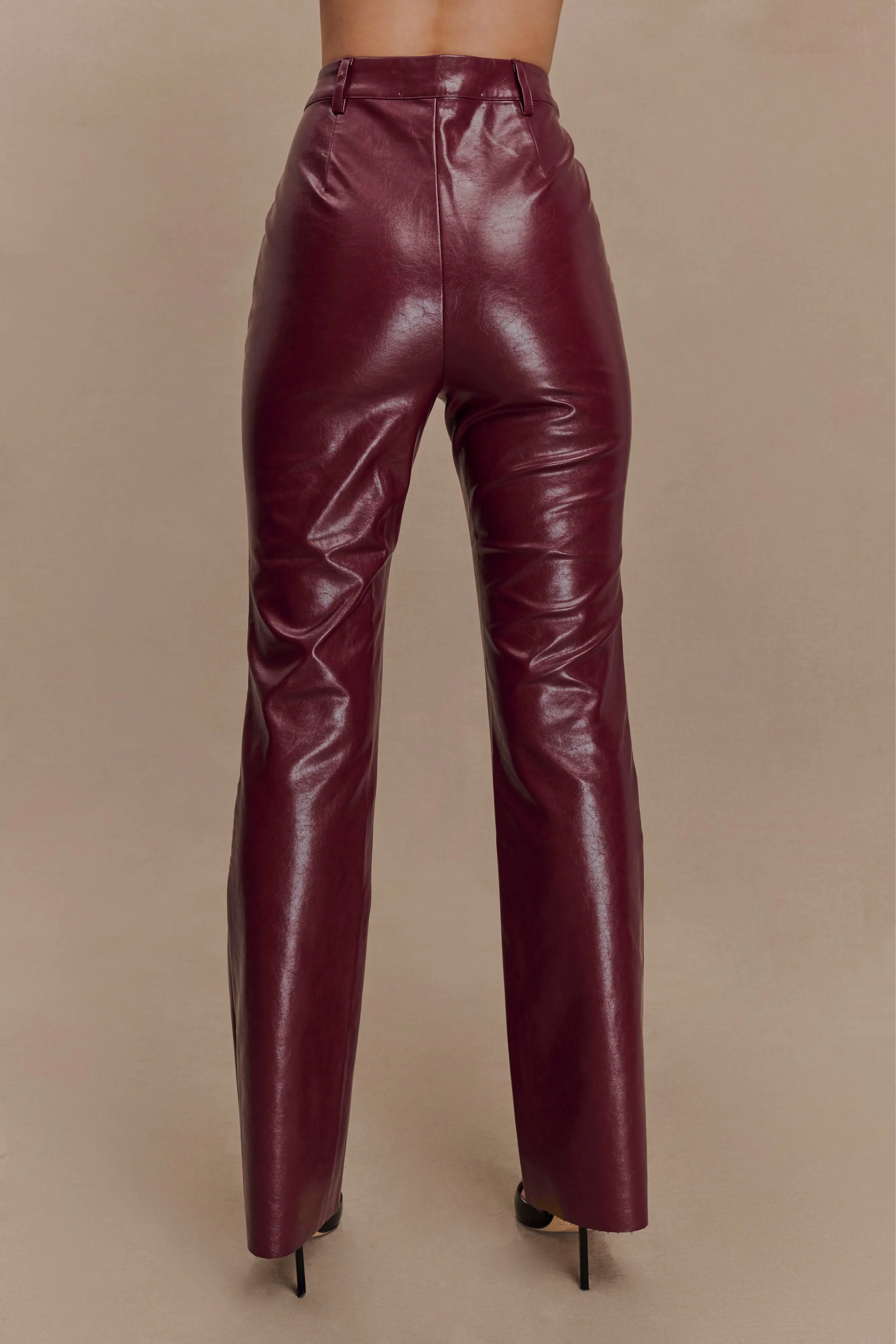 Tyra Straight Leg Faux Leather Pants - Cherry Red sold by Meshki product image thumbnail 2