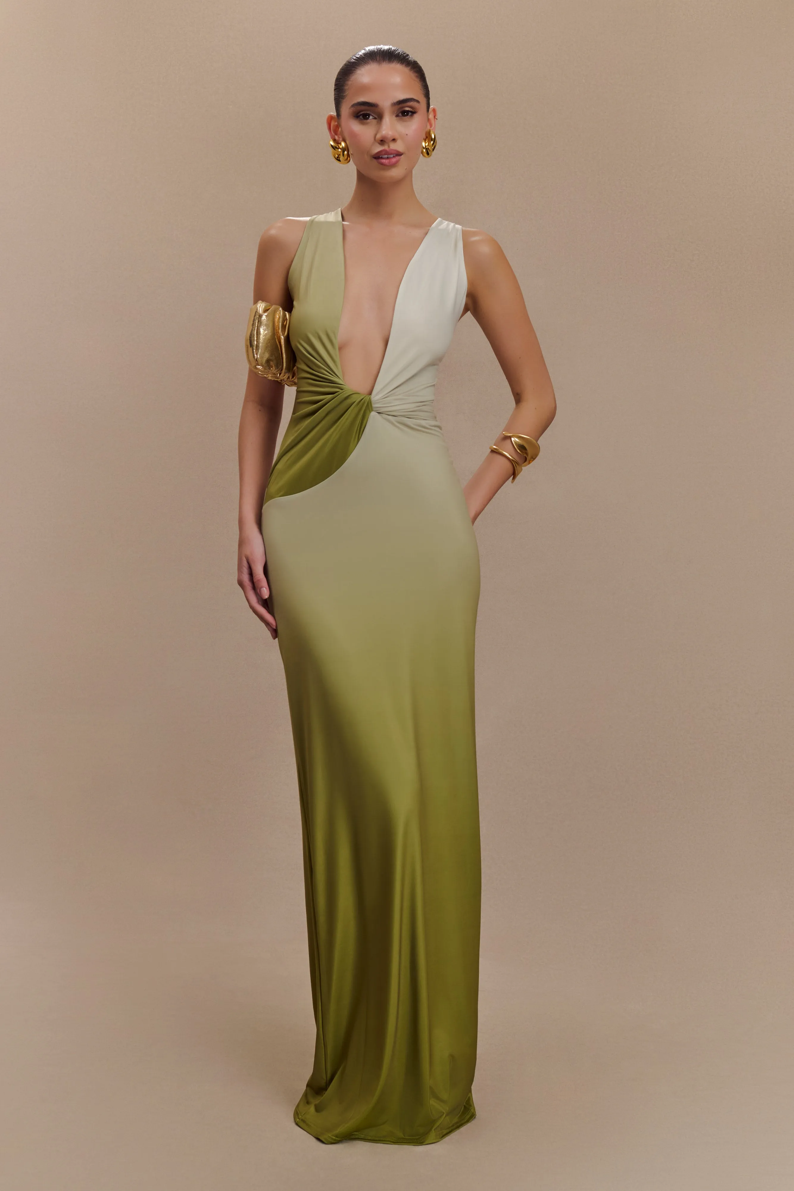 Stella Draped Slinky Maxi Dress - Ombre Vintage Olive sold by Meshki product image thumbnail 4
