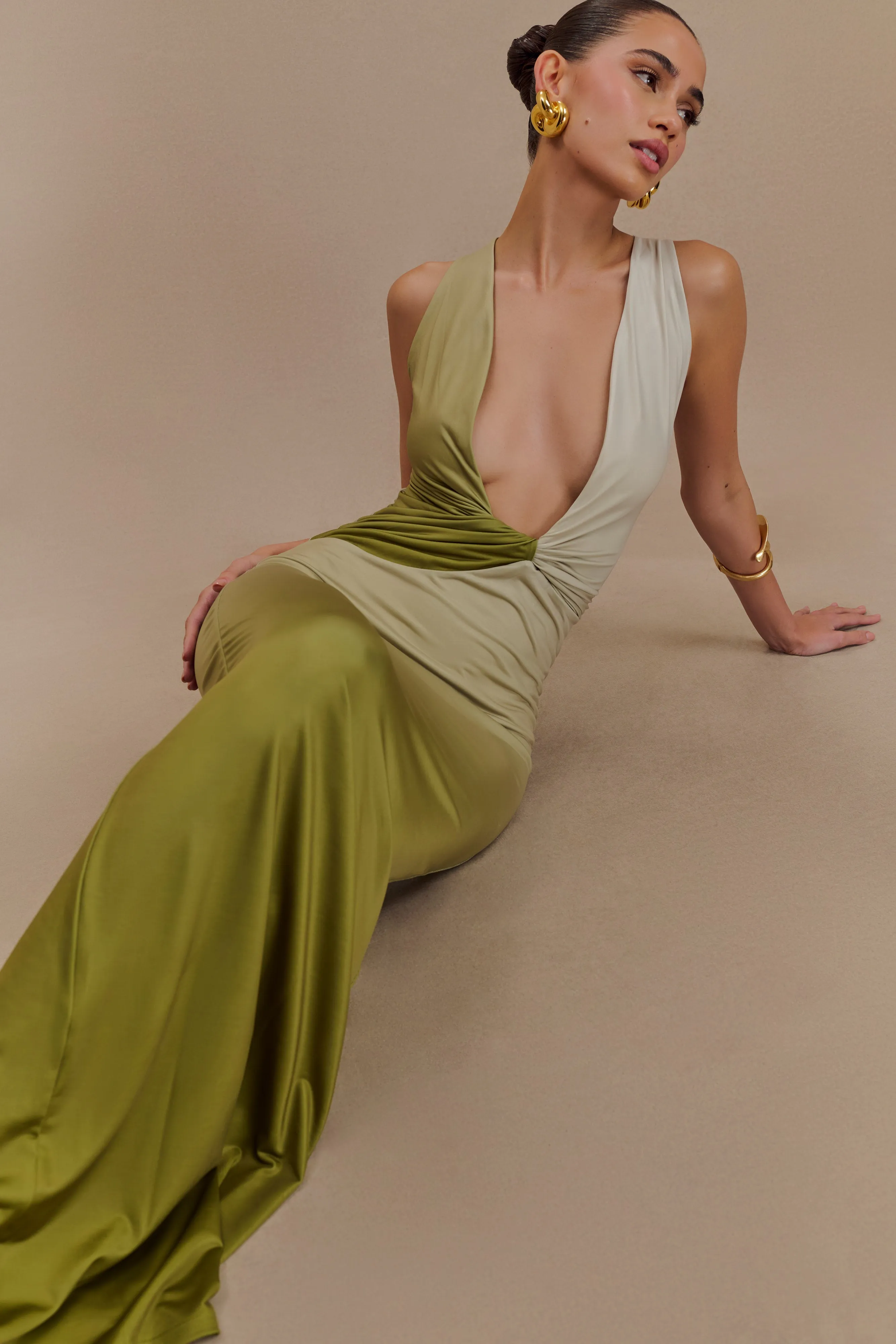 Stella Draped Slinky Maxi Dress - Ombre Vintage Olive sold by Meshki product image thumbnail 5