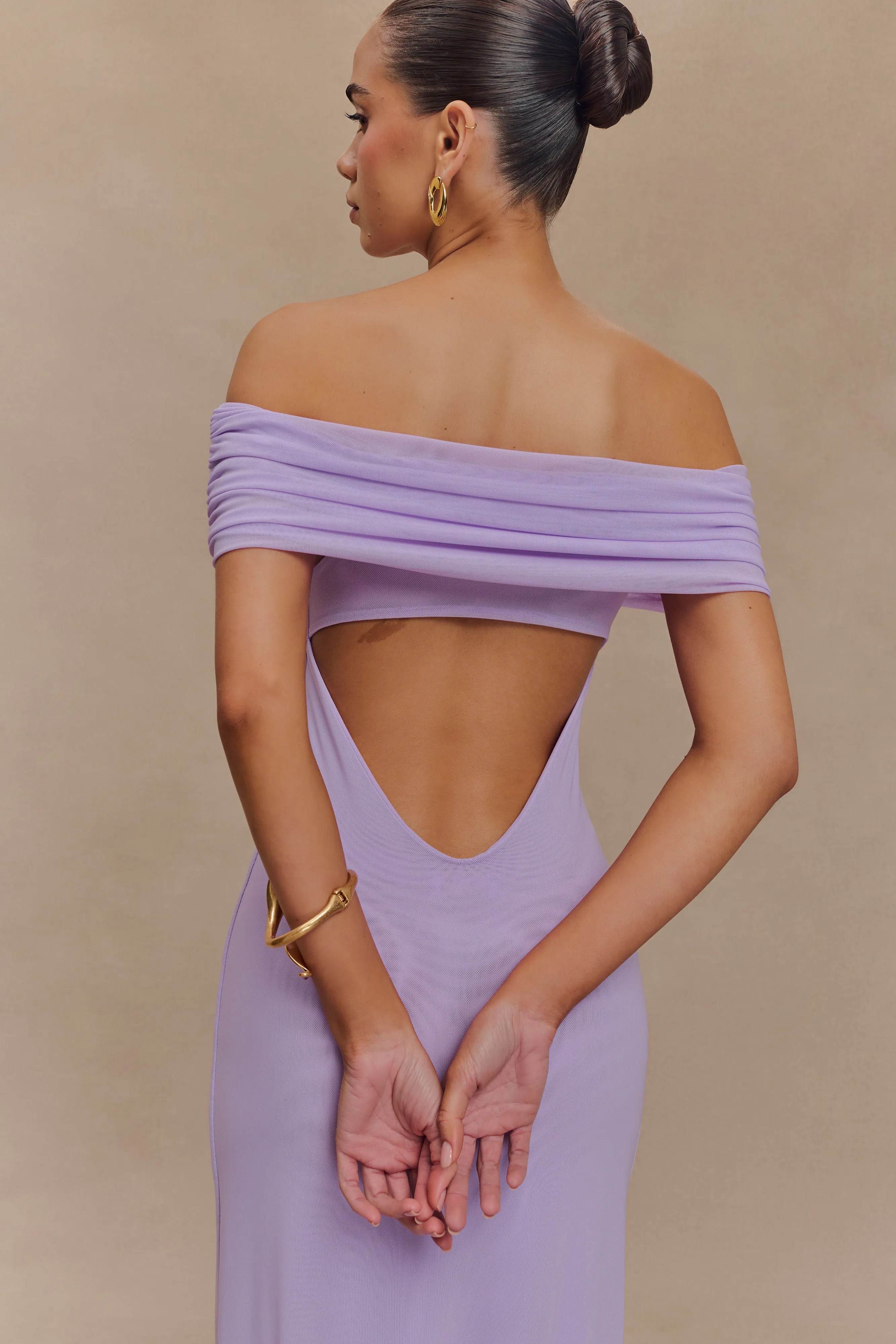 Audrey Off Shoulder Mesh Maxi Dress - Lilac sold by Meshki product image thumbnail 3