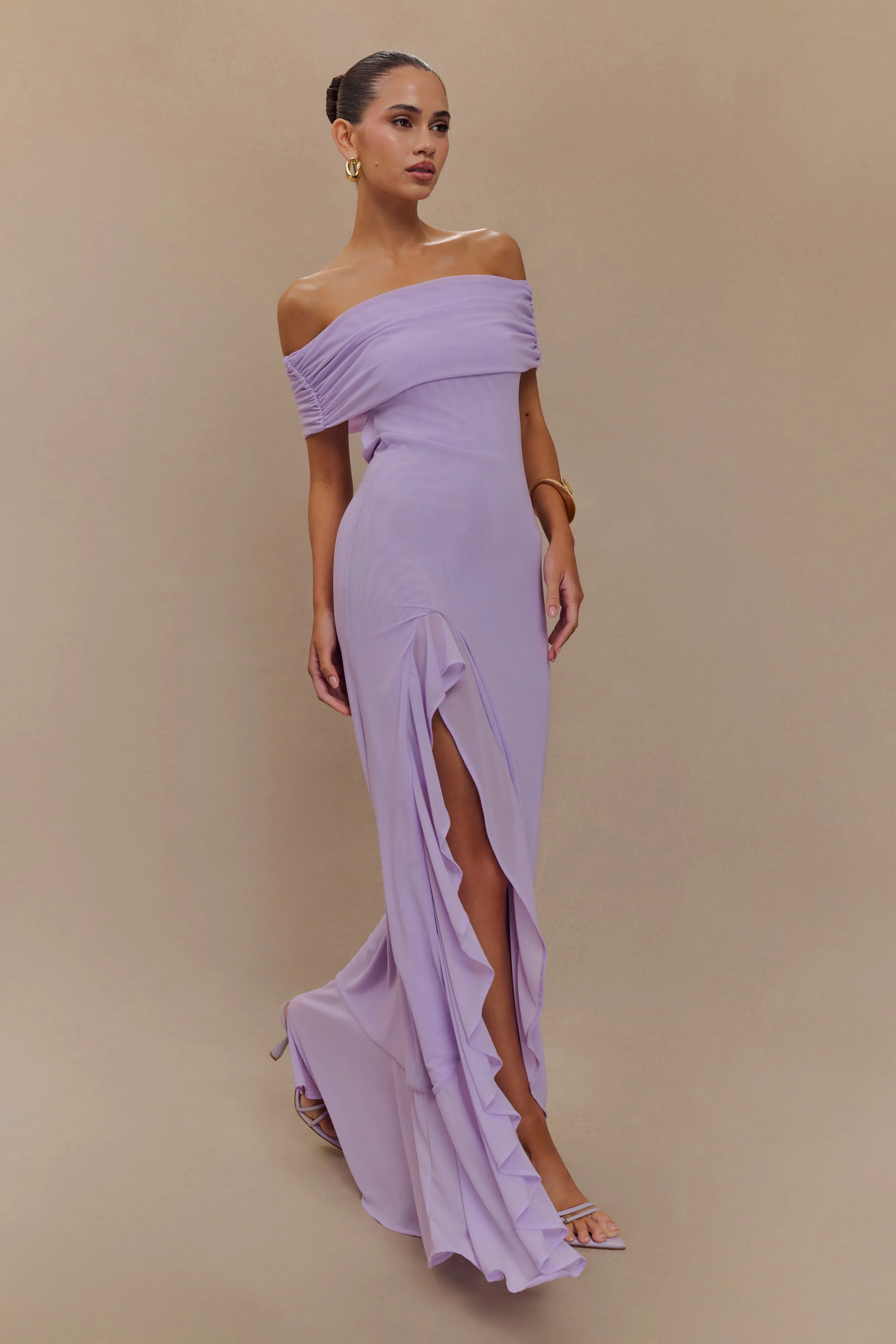 Audrey Off Shoulder Mesh Maxi Dress - Lilac sold by Meshki product image thumbnail 4