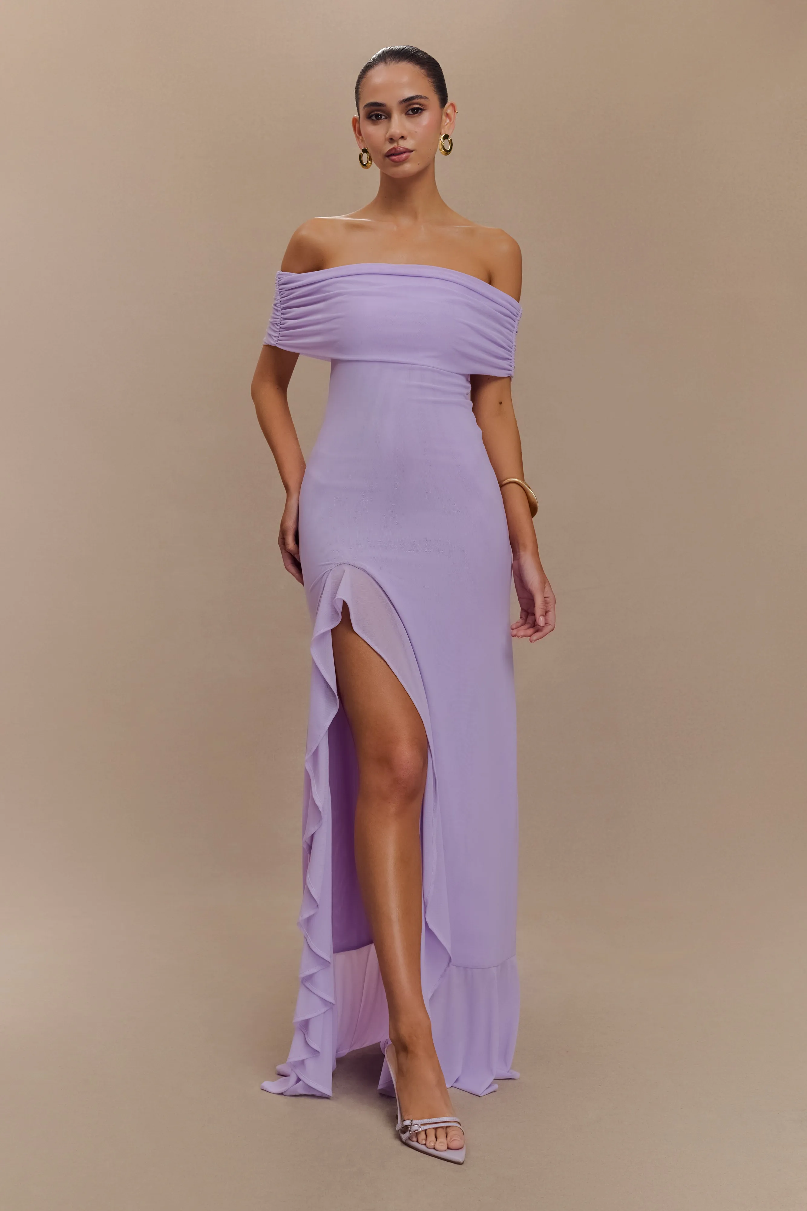 Audrey Off Shoulder Mesh Maxi Dress - Lilac sold by Meshki