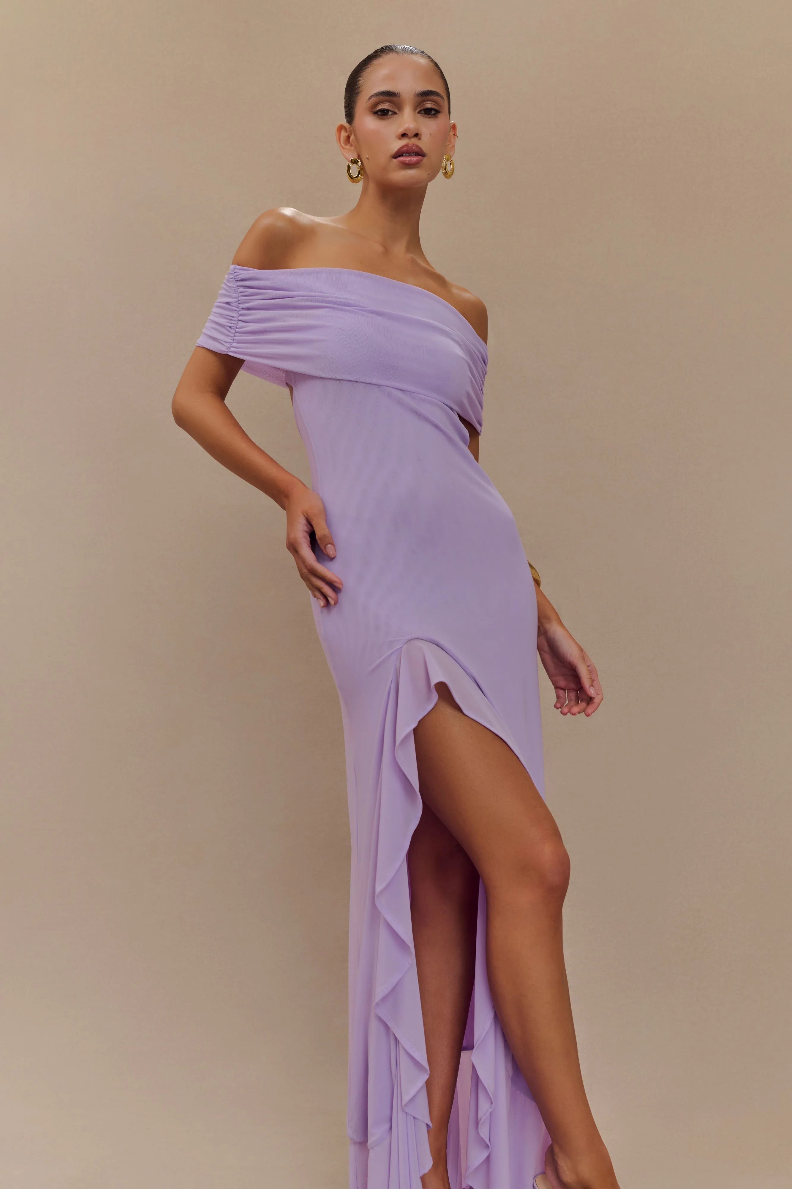 Audrey Off Shoulder Mesh Maxi Dress - Lilac sold by Meshki product image thumbnail 5