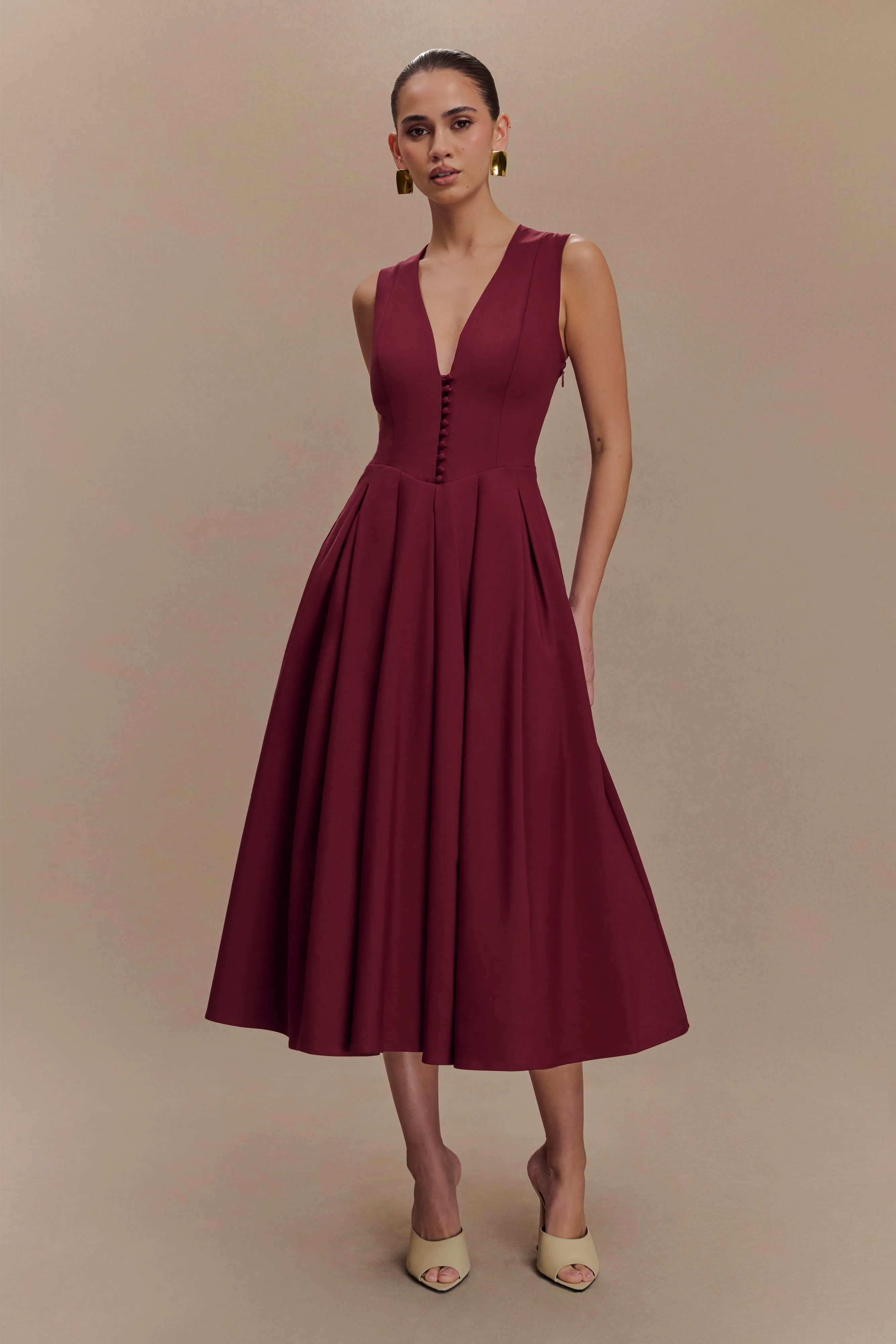 Keely Cotton Sleeveless Midi Dress - Wine sold by Meshki