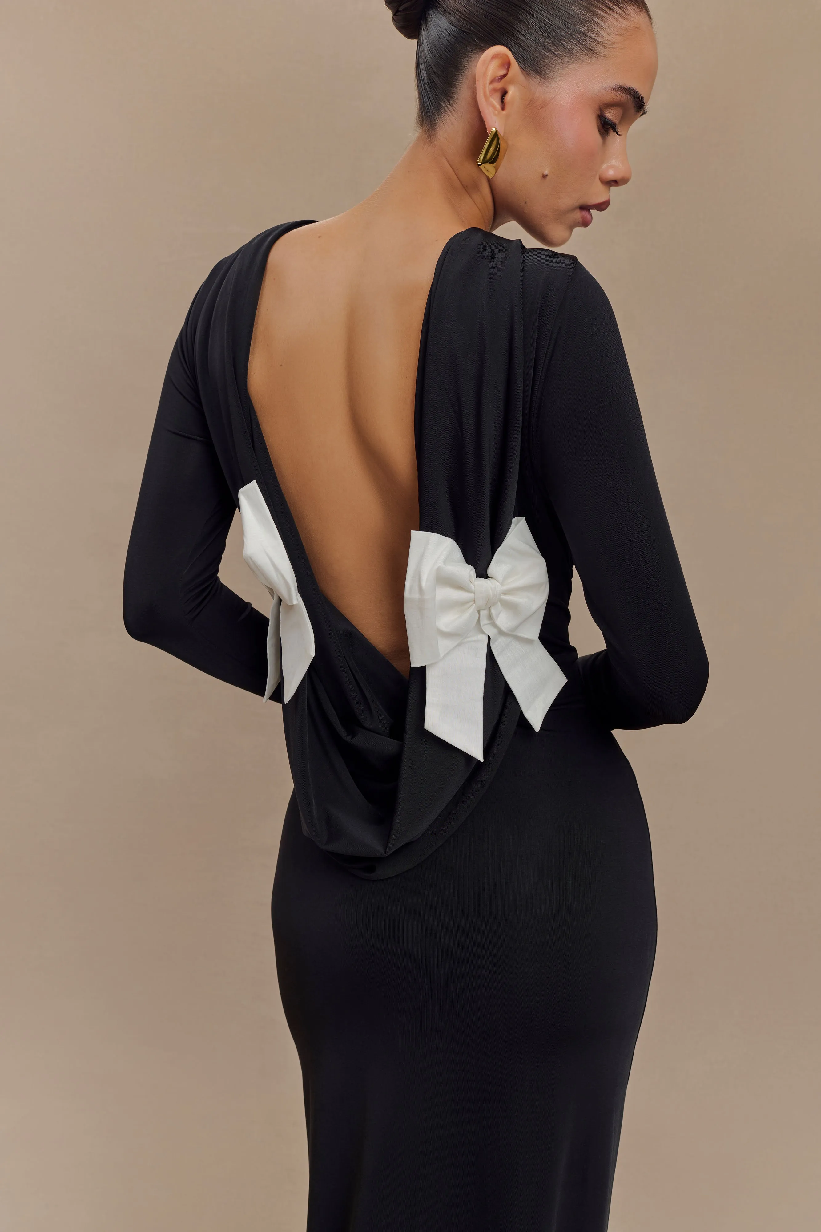 Bennett Slinky Long Sleeve Maxi Dress - Black/White sold by Meshki