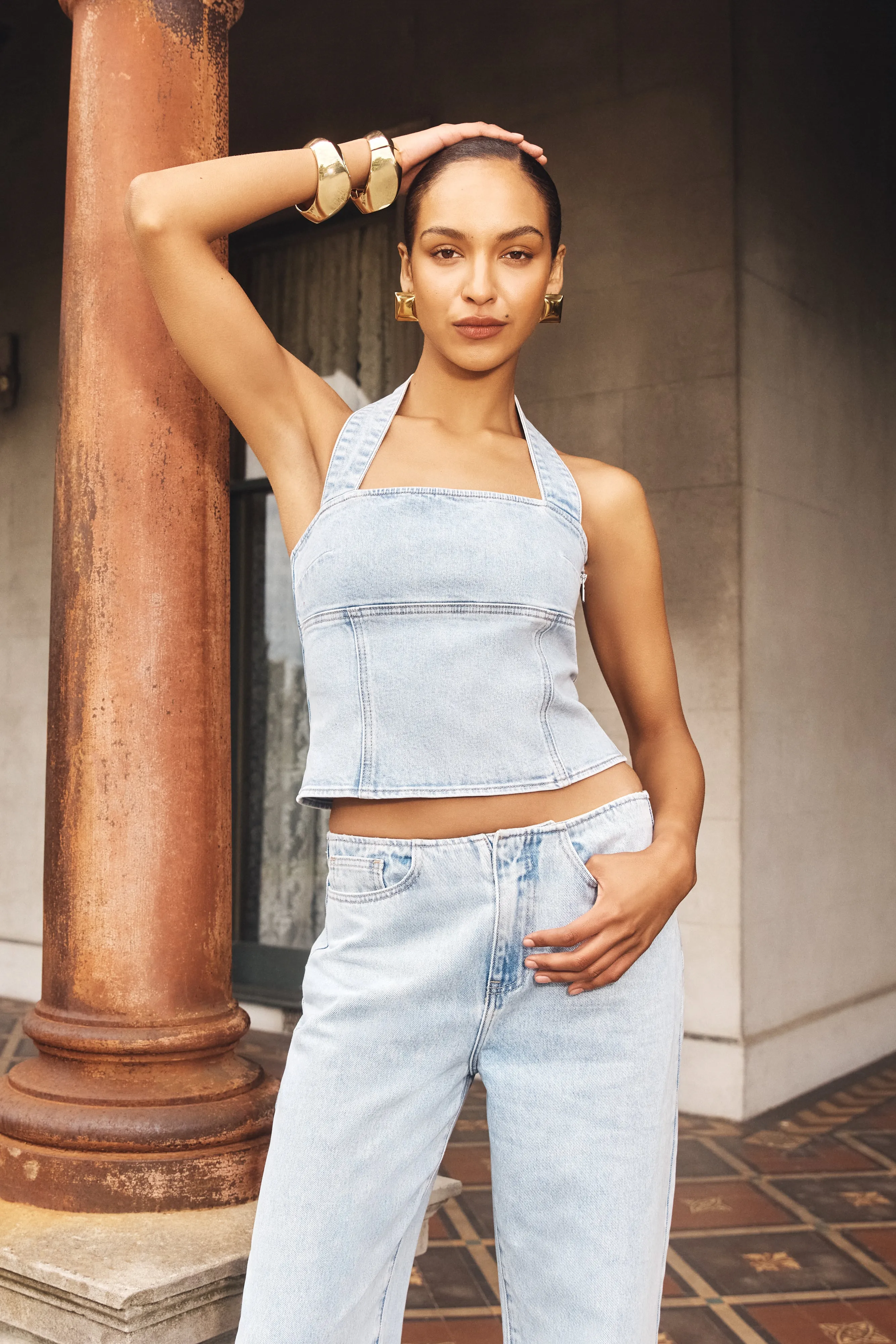 Dayna Denim Halter Top - Light Blue sold by Meshki