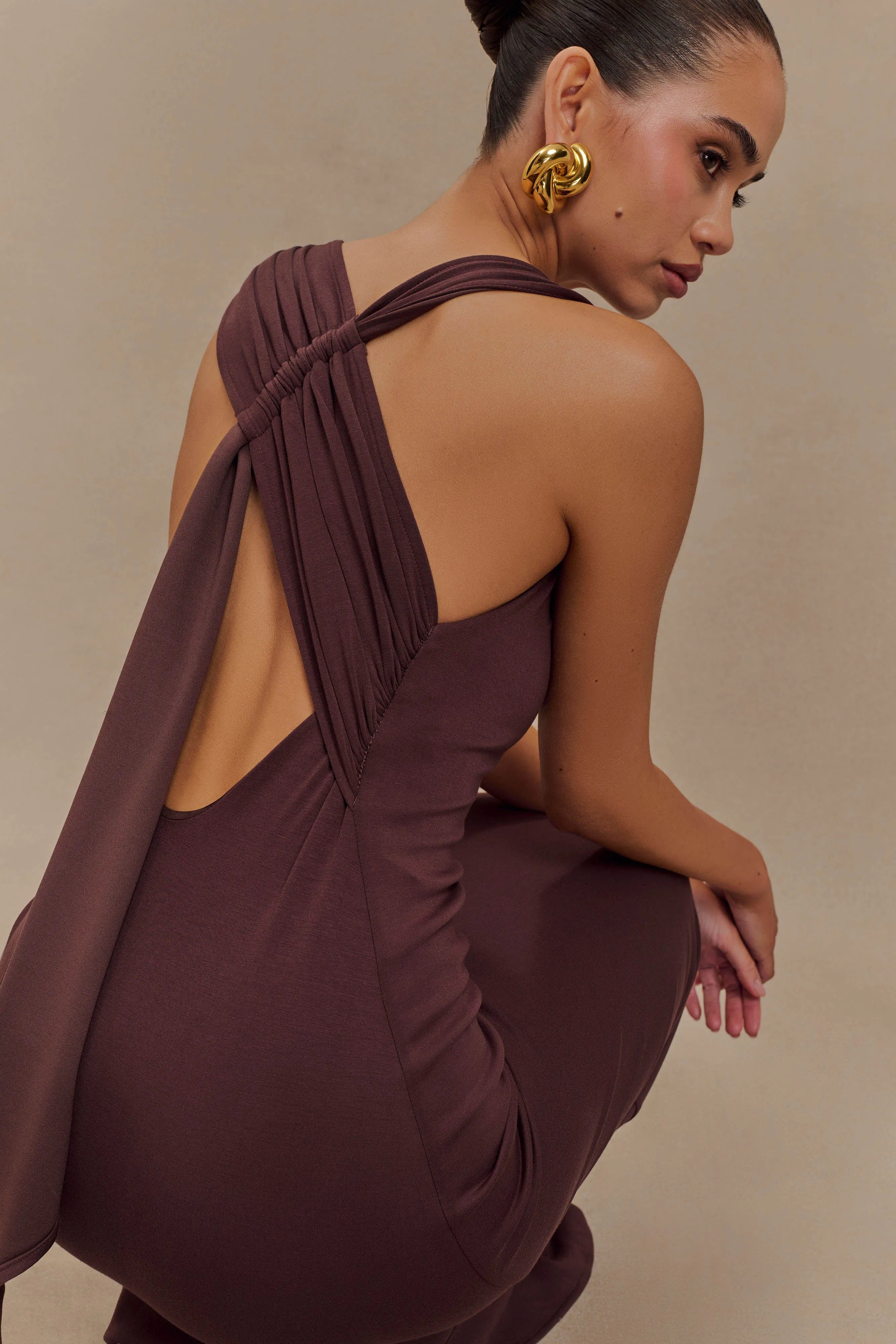 Catelyn Asymmetrical Scuba Jersey Midi Dress - Cacao Brown sold by Meshki product image thumbnail 3