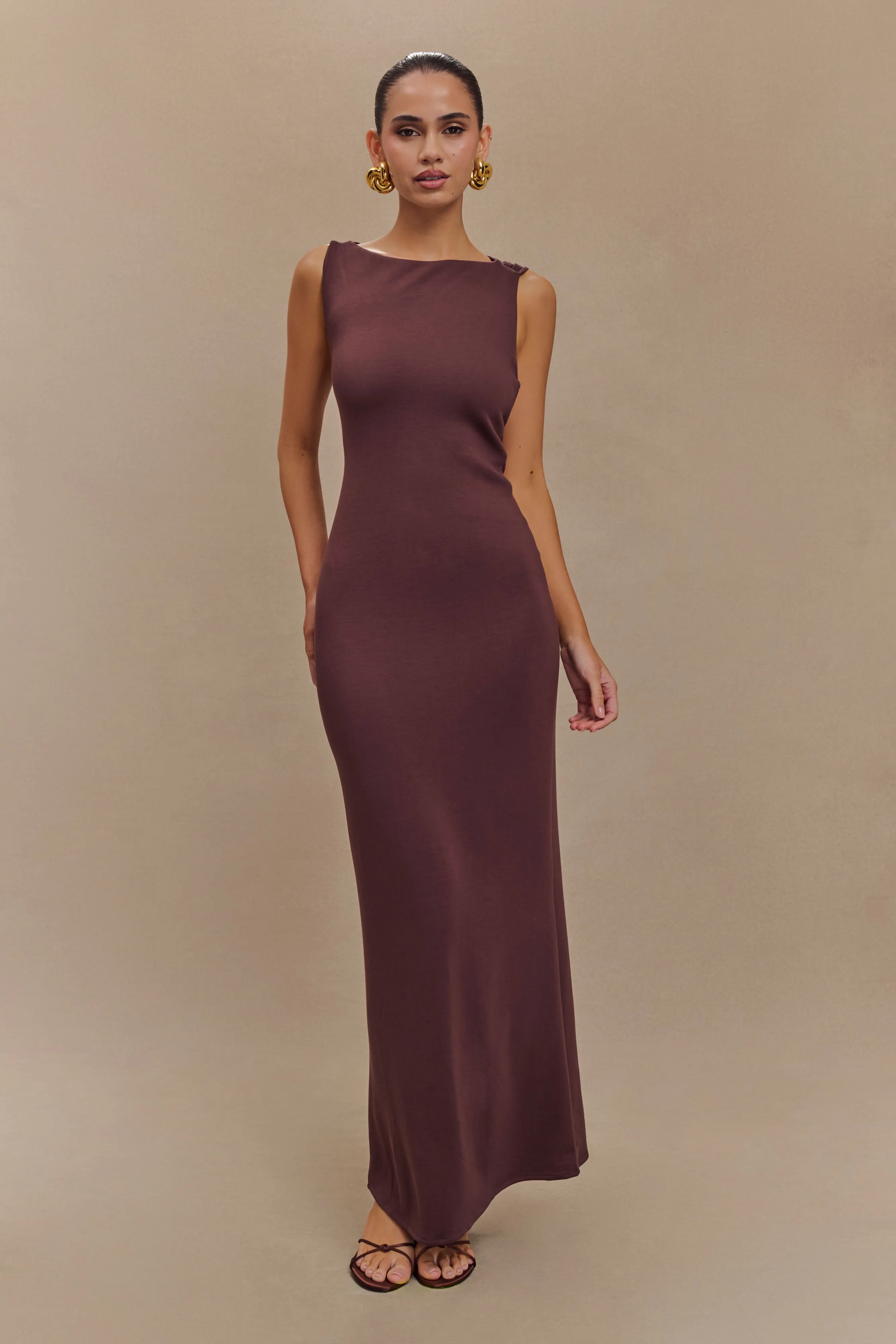 Catelyn Asymmetrical Scuba Jersey Midi Dress - Cacao Brown sold by Meshki