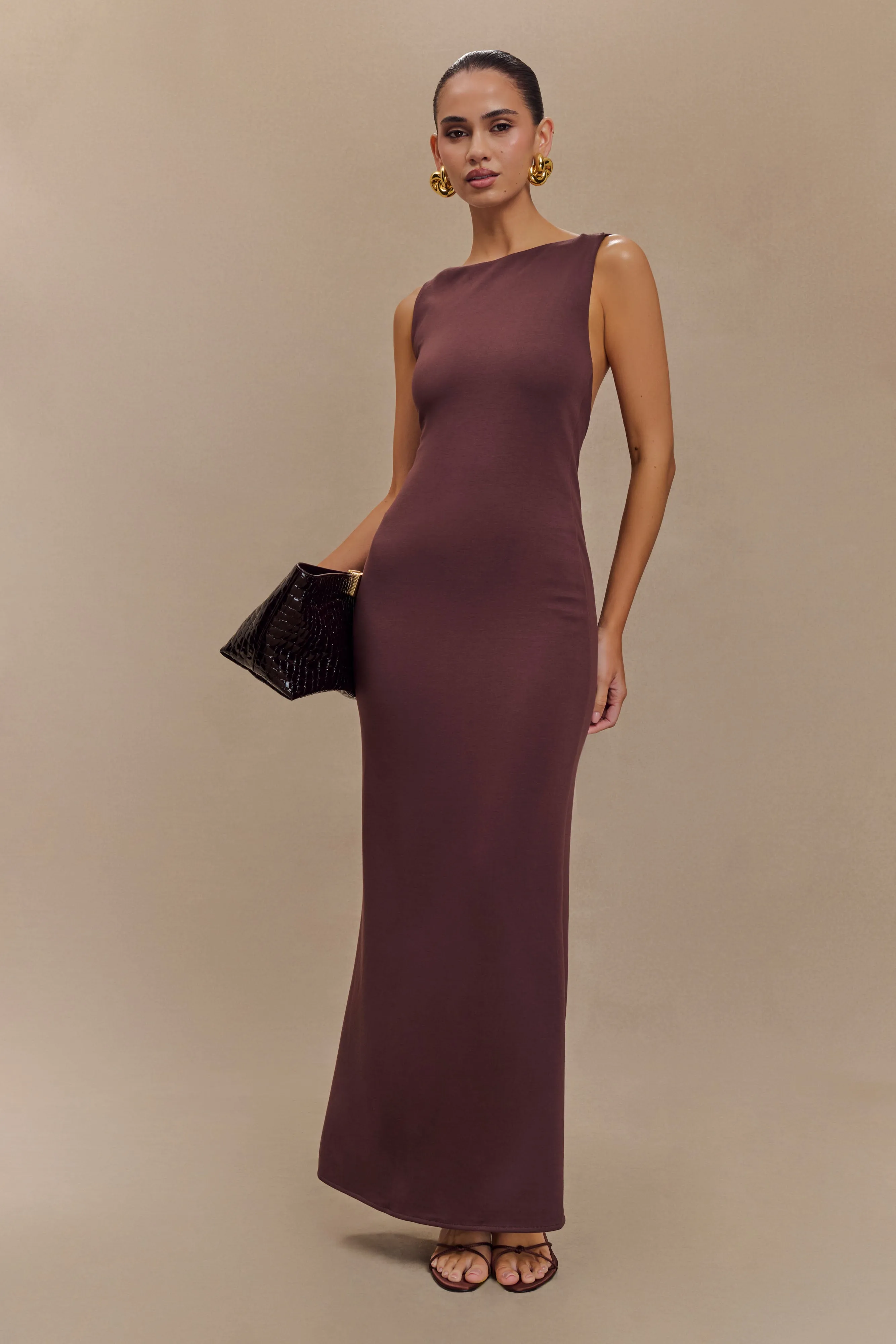 Catelyn Asymmetrical Scuba Jersey Midi Dress - Cacao Brown sold by Meshki product image thumbnail 5