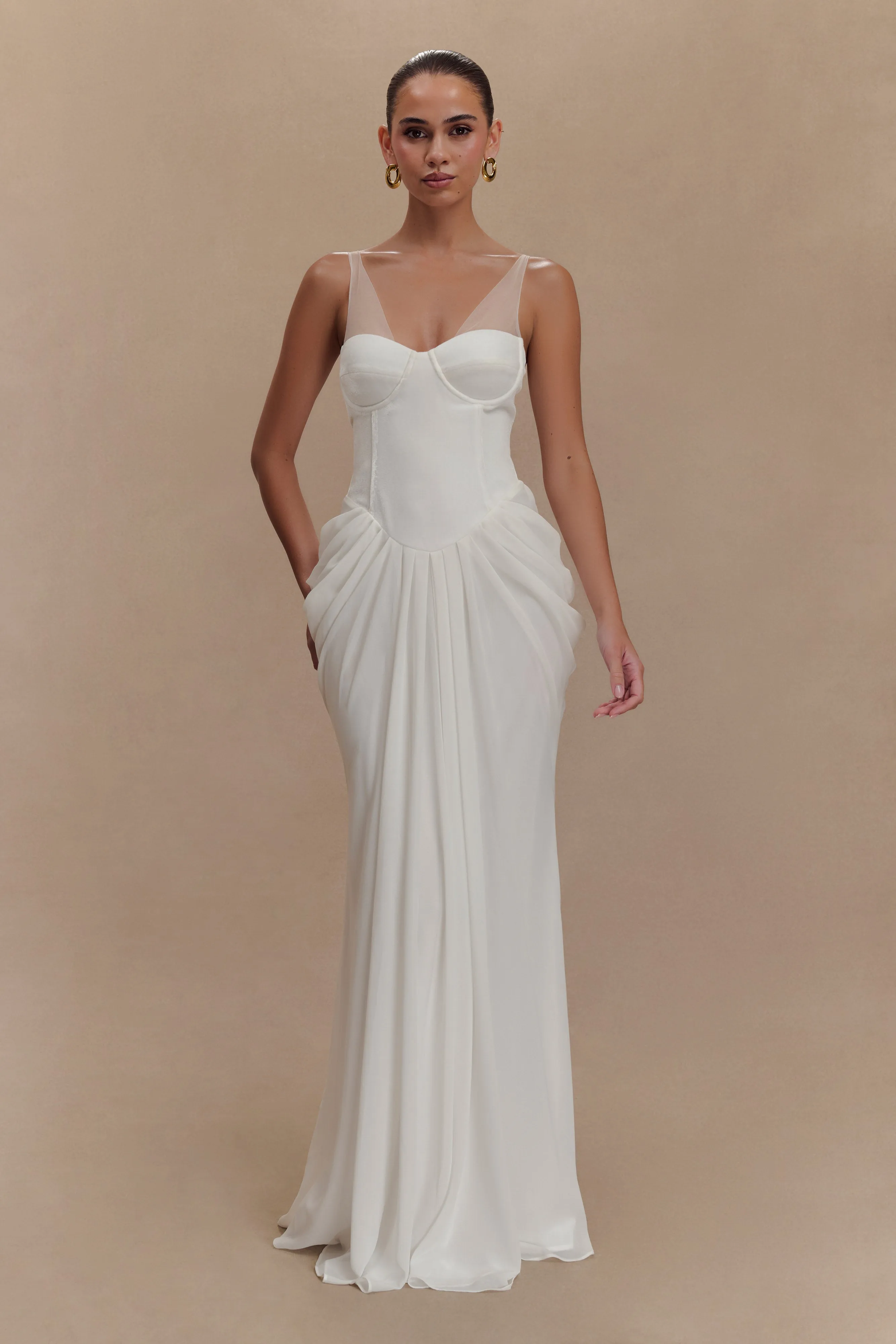 Roxanne Velvet Corset Maxi Dress - White sold by Meshki